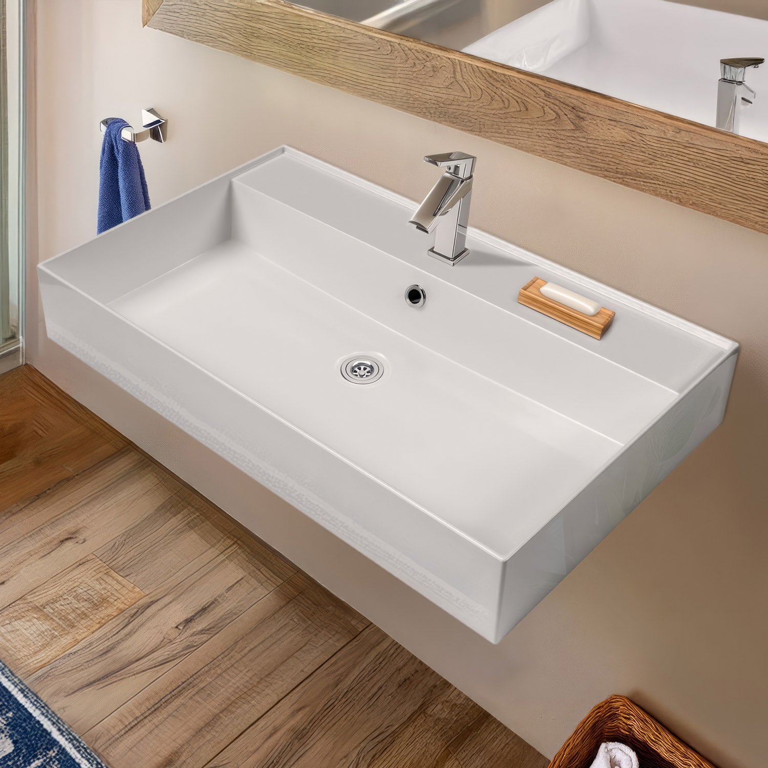 Rectangular Wall Mount Basin with Faucet Drilling Options and Overflow