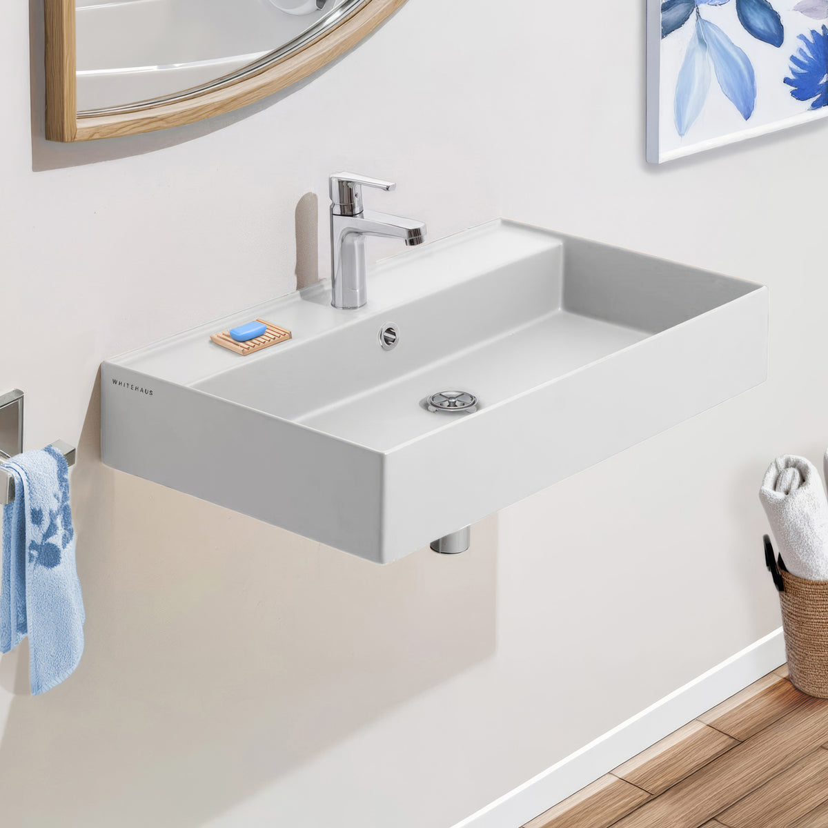 Rectangular Wall Mount Basin with Faucet Drilling Options and Overflow