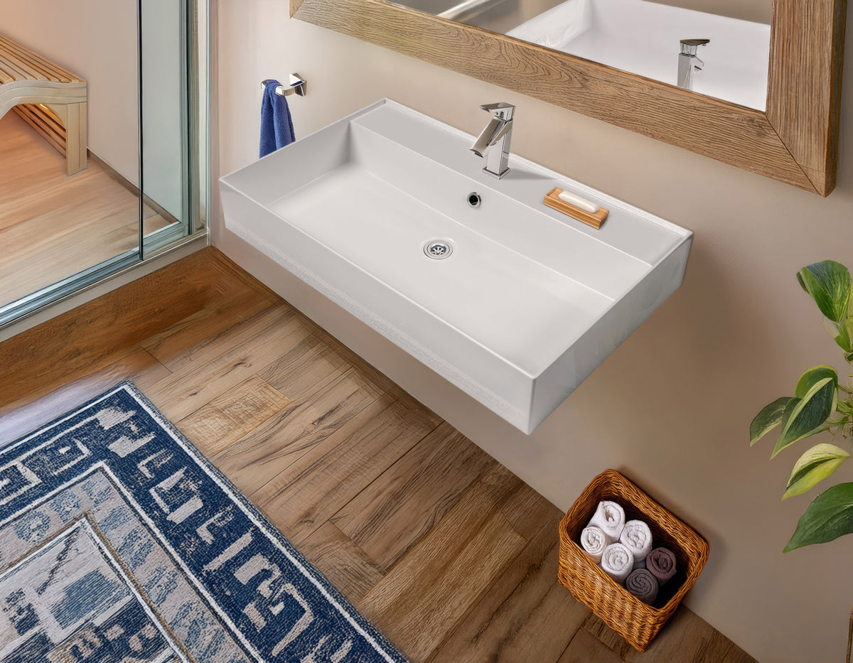 Rectangular Wall Mount Basin with Faucet Drilling Options and Overflow