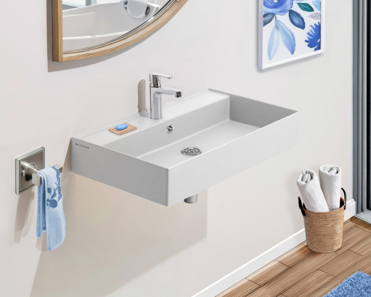 Rectangular Wall Mount Basin with Faucet Drilling Options and Overflow