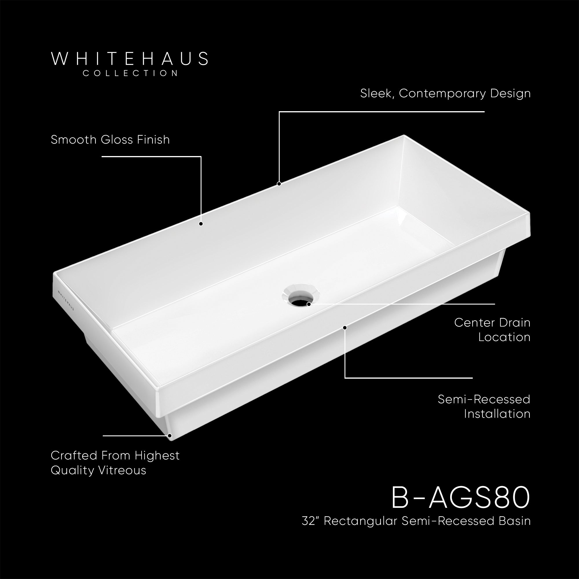 Rectangular Semi-Recessed Basin with Center Drain Location