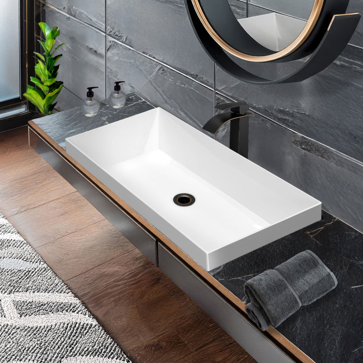 Rectangular Semi-Recessed Basin with Center Drain Location