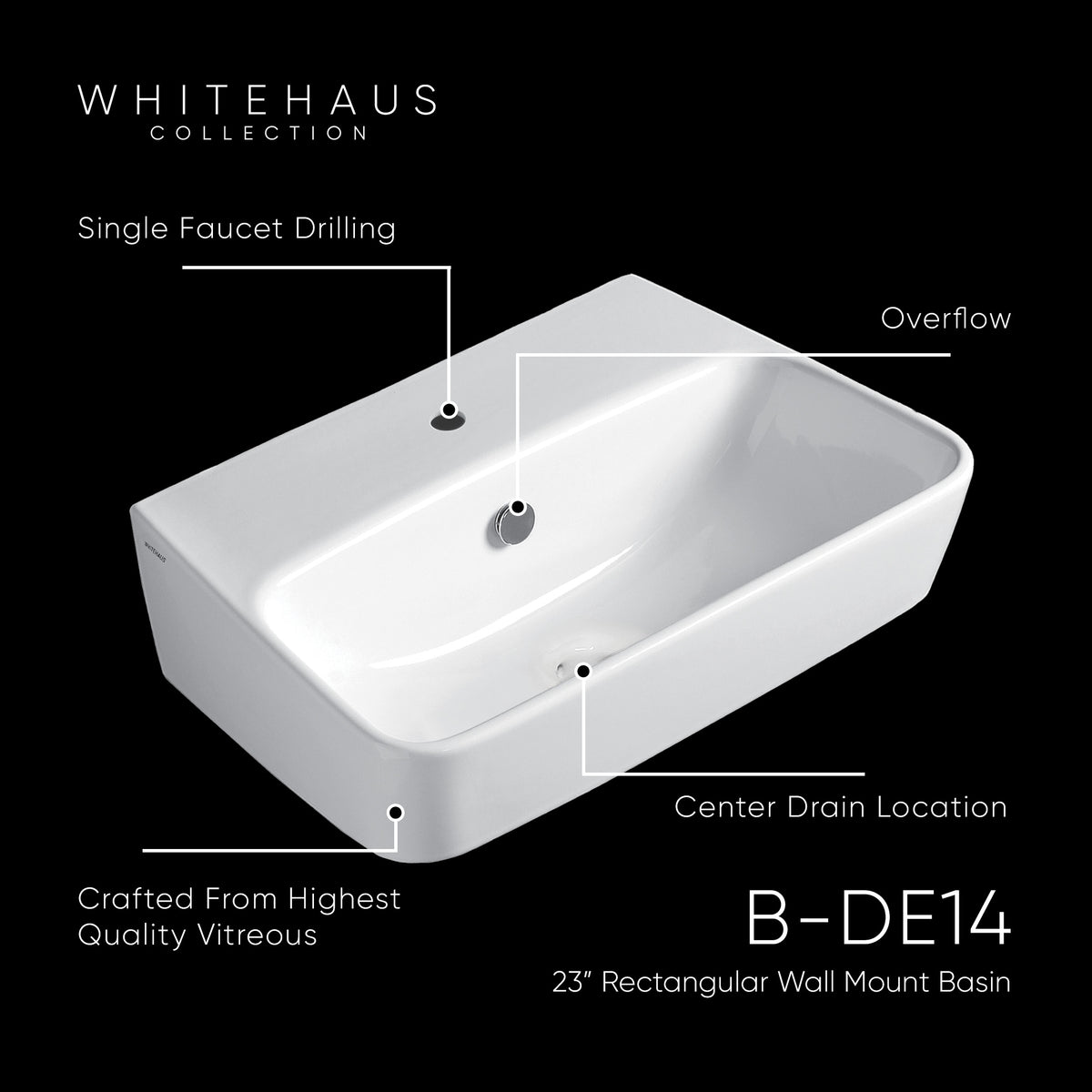 23&quot; Rectangular Wall Mount Basin With Single Faucet Drilling and Overflow