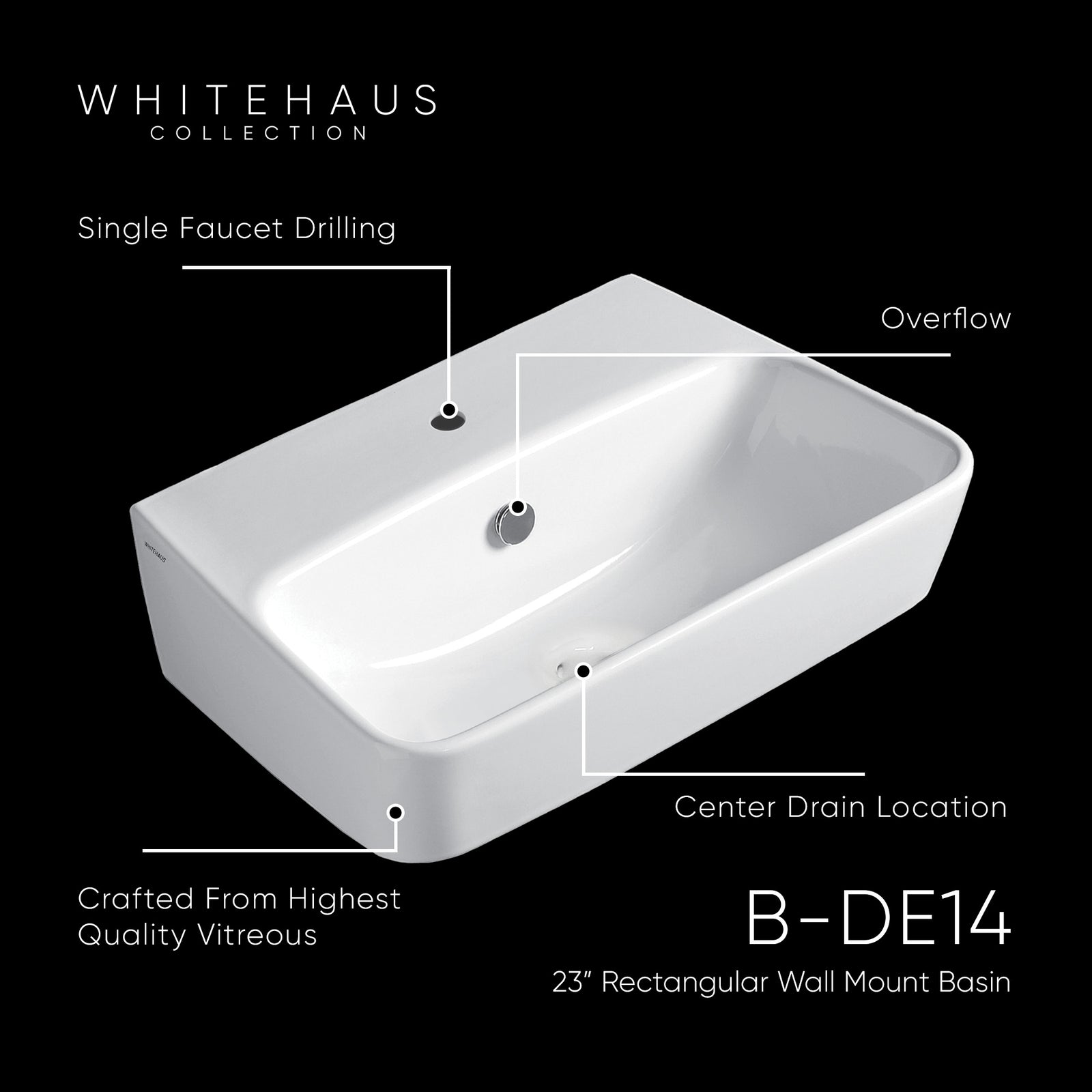 23" Rectangular Wall Mount Basin With Single Faucet Drilling and Overflow