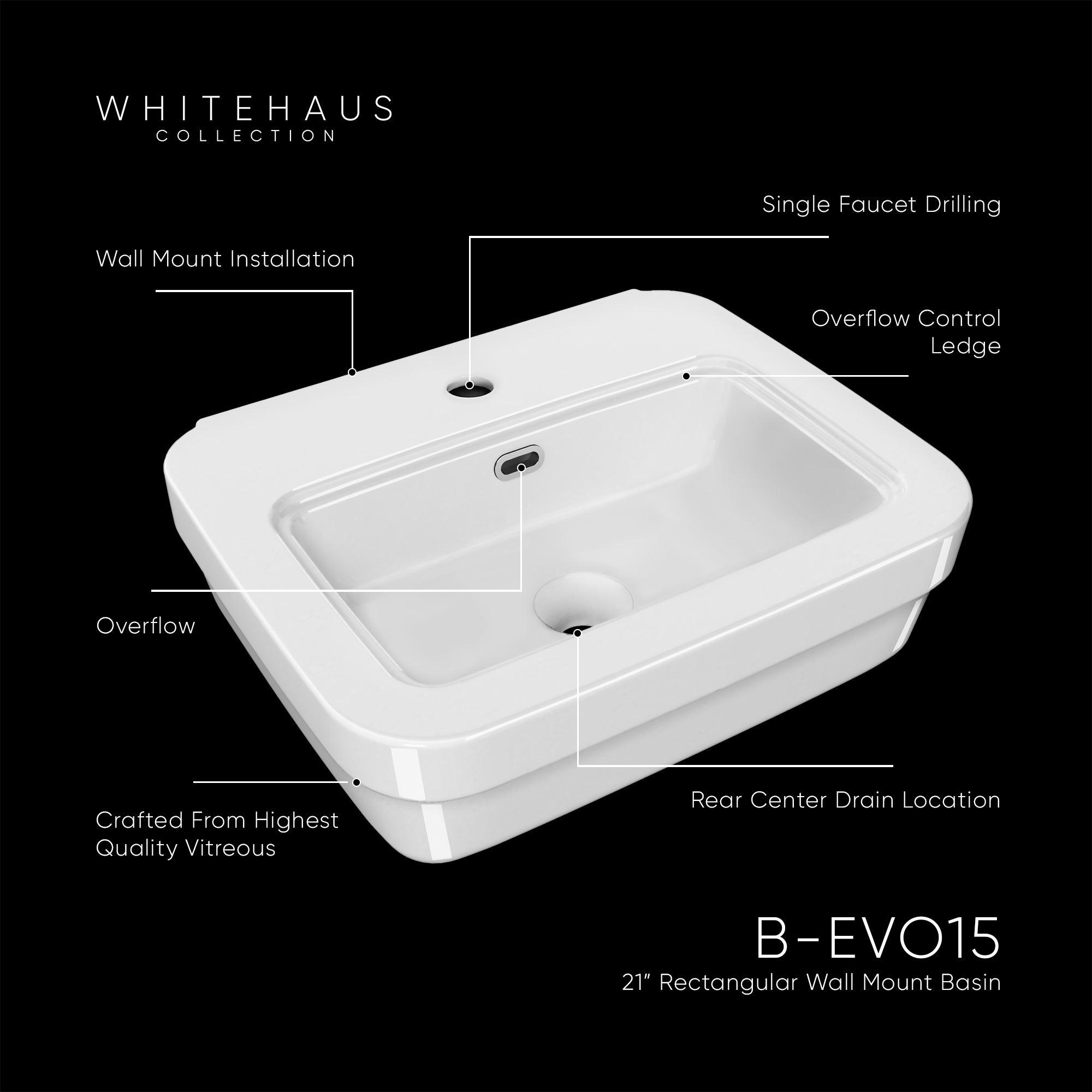 Rectangular Wall Mount Basin with Overflow Control Ledge, Single Faucet Drilling and Overflow