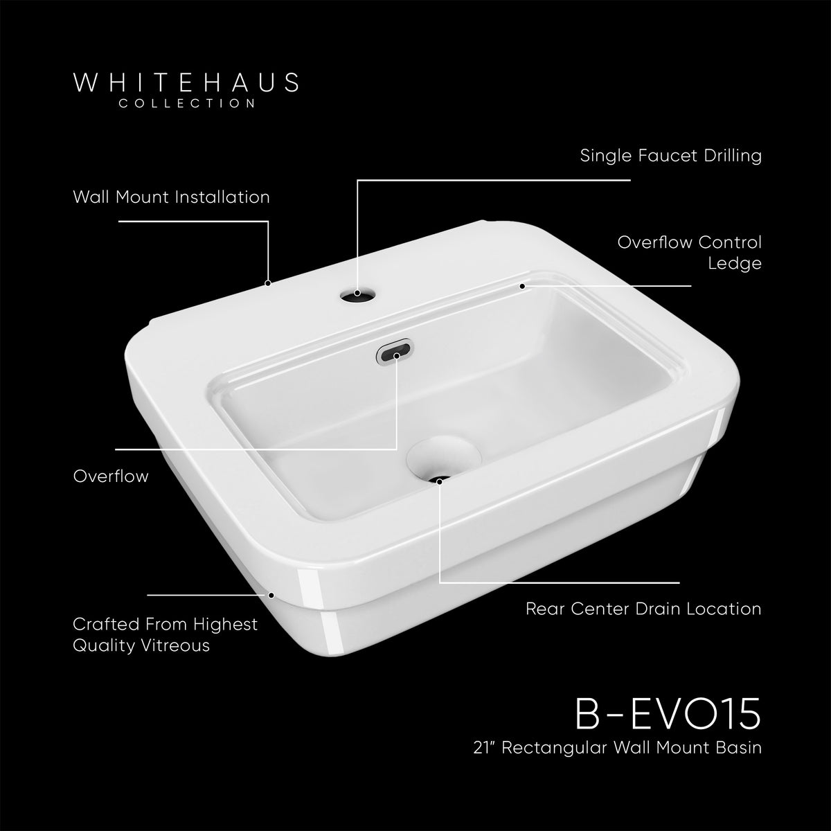 Rectangular Wall Mount Basin with Overflow Control Ledge, Single Faucet Drilling and Overflow