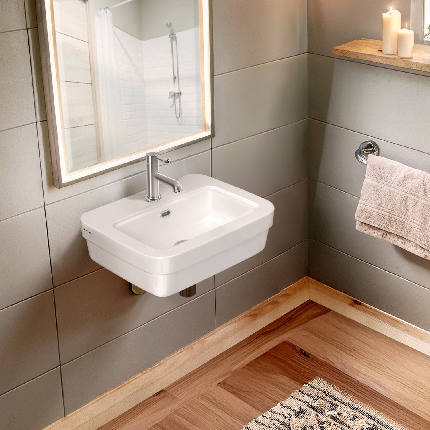 Rectangular Wall Mount Basin with Overflow Control Ledge, Single Faucet Drilling and Overflow