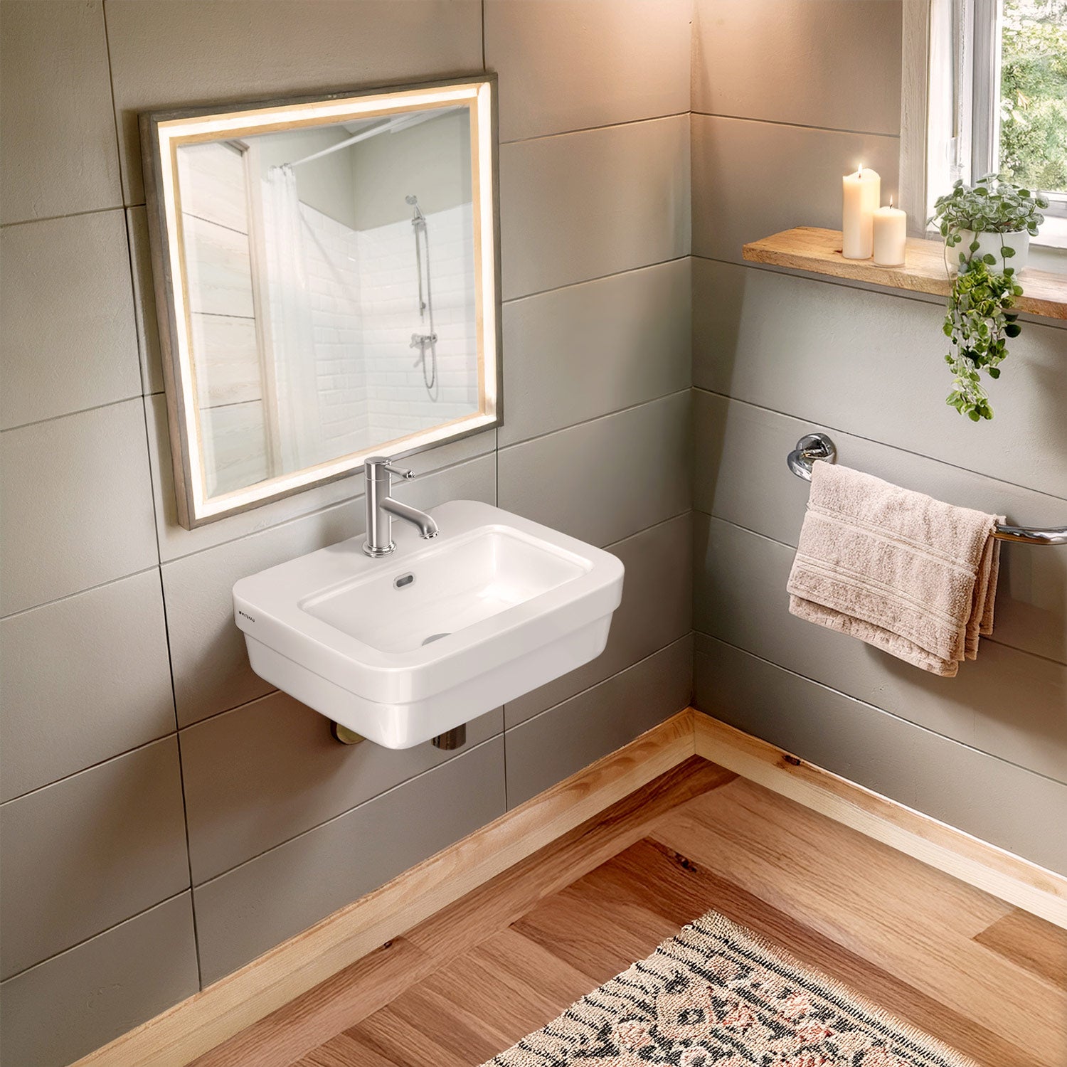 Rectangular Wall Mount Basin with Overflow Control Ledge, Single Faucet Drilling and Overflow