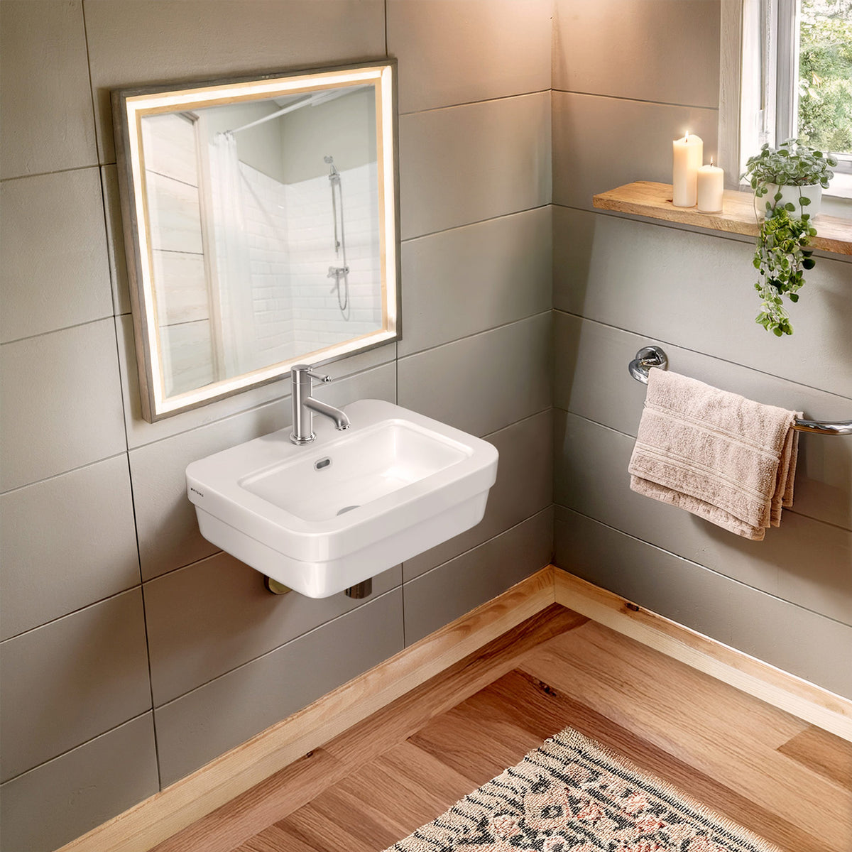 Rectangular Wall Mount Basin with Overflow Control Ledge, Single Faucet Drilling and Overflow