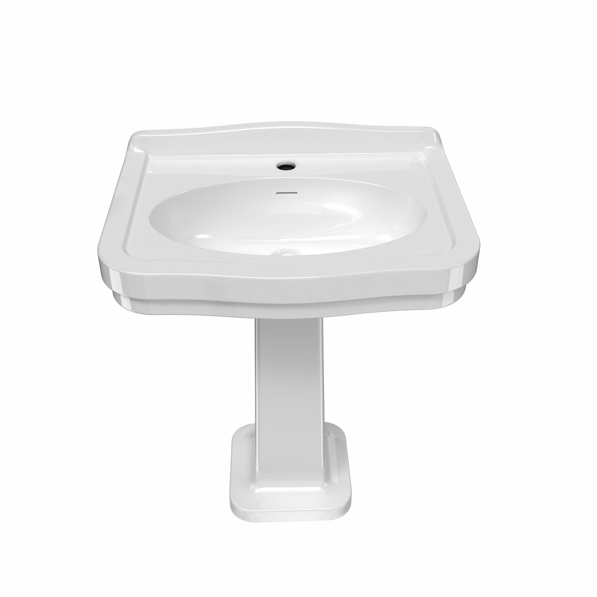 Pedestal sink with integrated oval bowl, low-rise backsplash, decorative trim & overflow