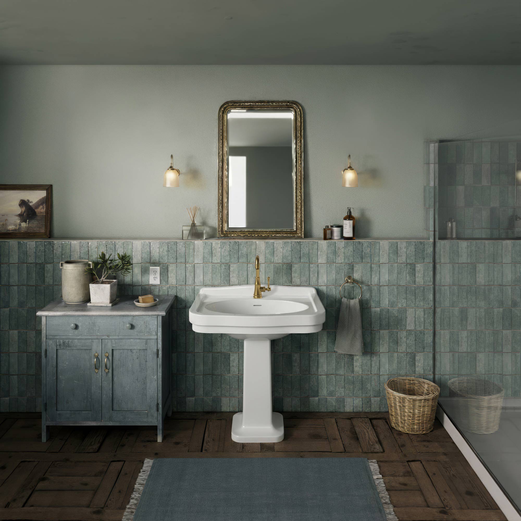 Pedestal sink with integrated oval bowl, low-rise backsplash, decorative trim & overflow