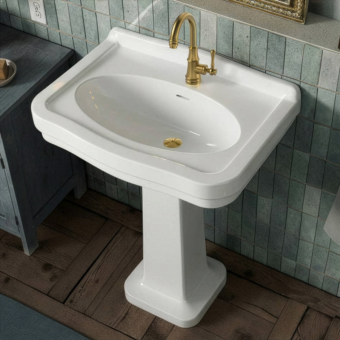 Pedestal sink with integrated oval bowl, low-rise backsplash, decorative trim & overflow