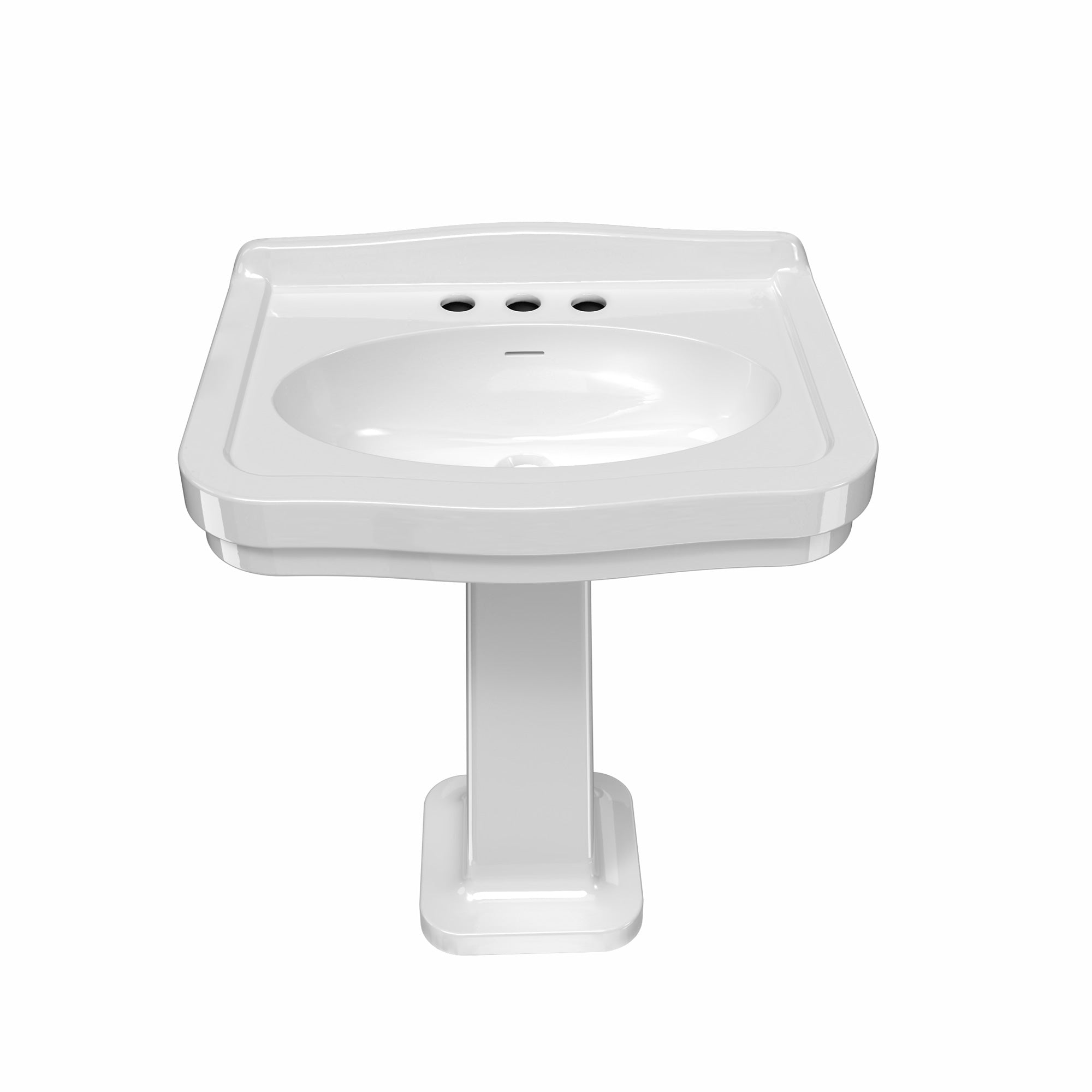 Pedestal sink with integrated oval bowl, low-rise backsplash, decorative trim & overflow