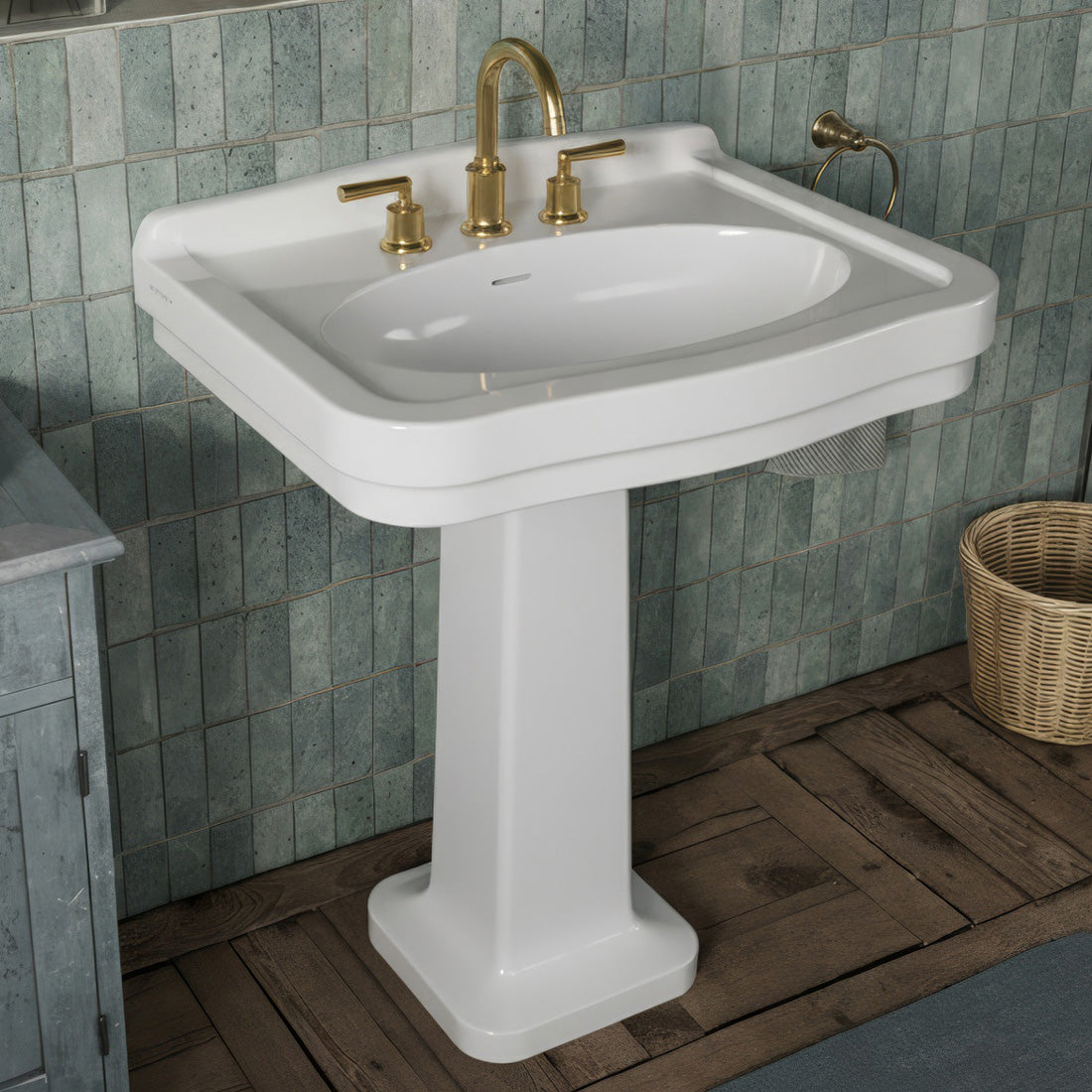 Pedestal sink with integrated oval bowl, low-rise backsplash, decorative trim & overflow
