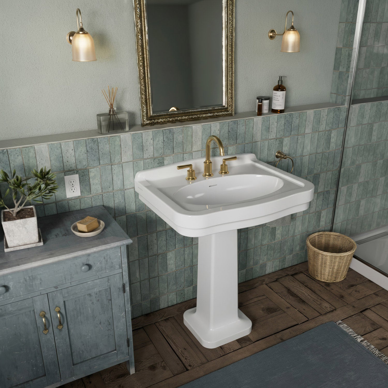 Pedestal sink with integrated oval bowl, low-rise backsplash, decorative trim & overflow