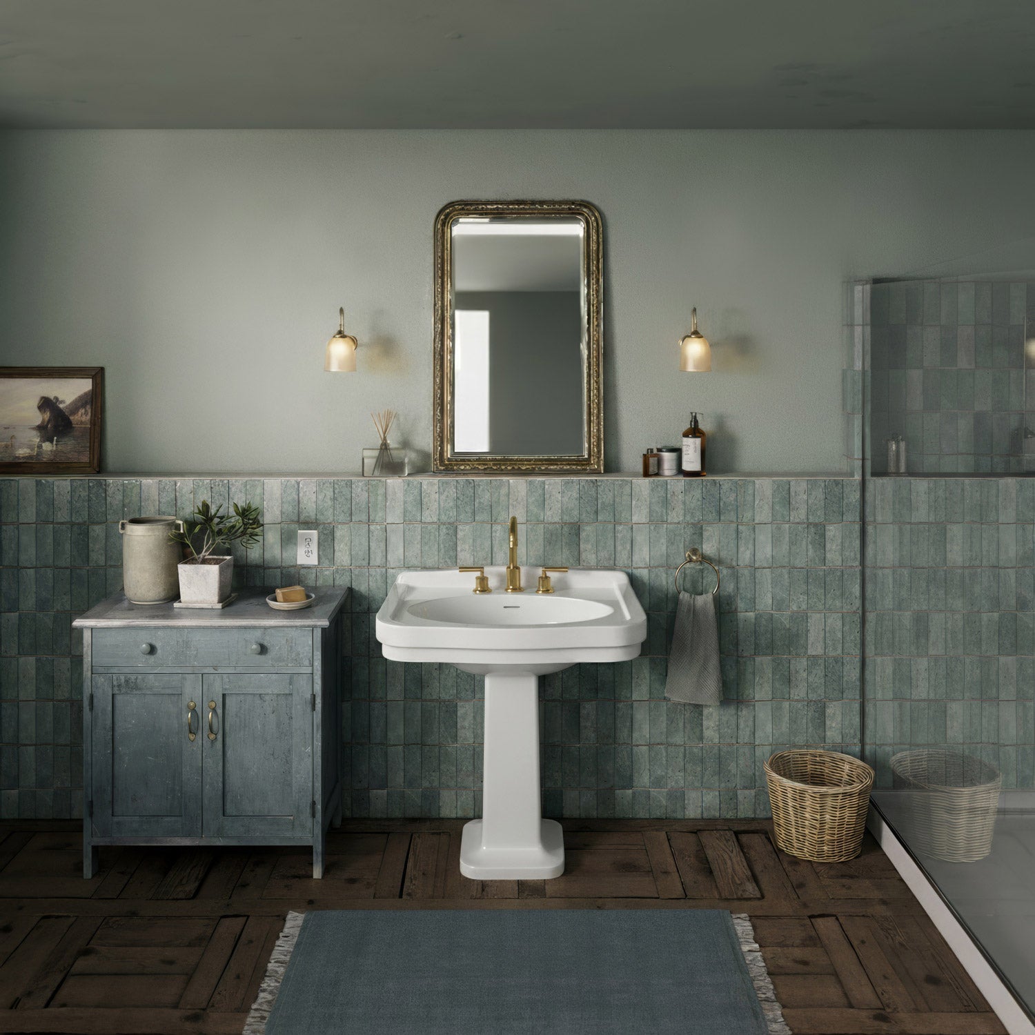 Pedestal sink with integrated oval bowl, low-rise backsplash, decorative trim & overflow