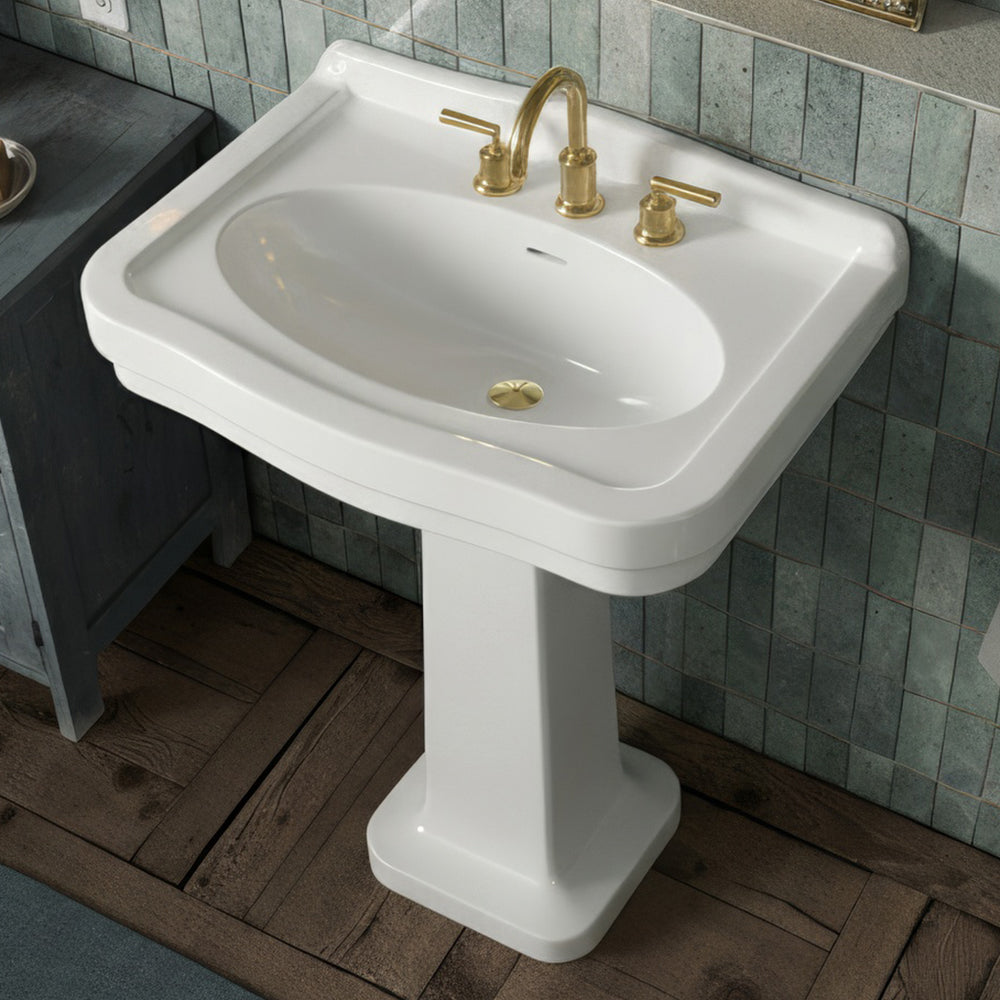 Pedestal sink with integrated oval bowl, low-rise backsplash, decorative trim & overflow