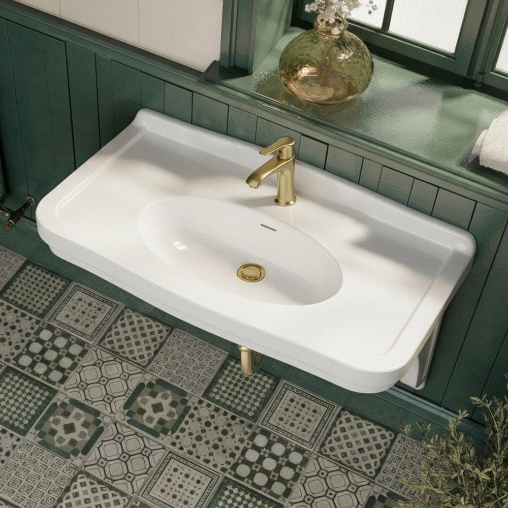 Wall mount sink with integrated oval bowl, low-rise backsplash, decorative trim & overflow