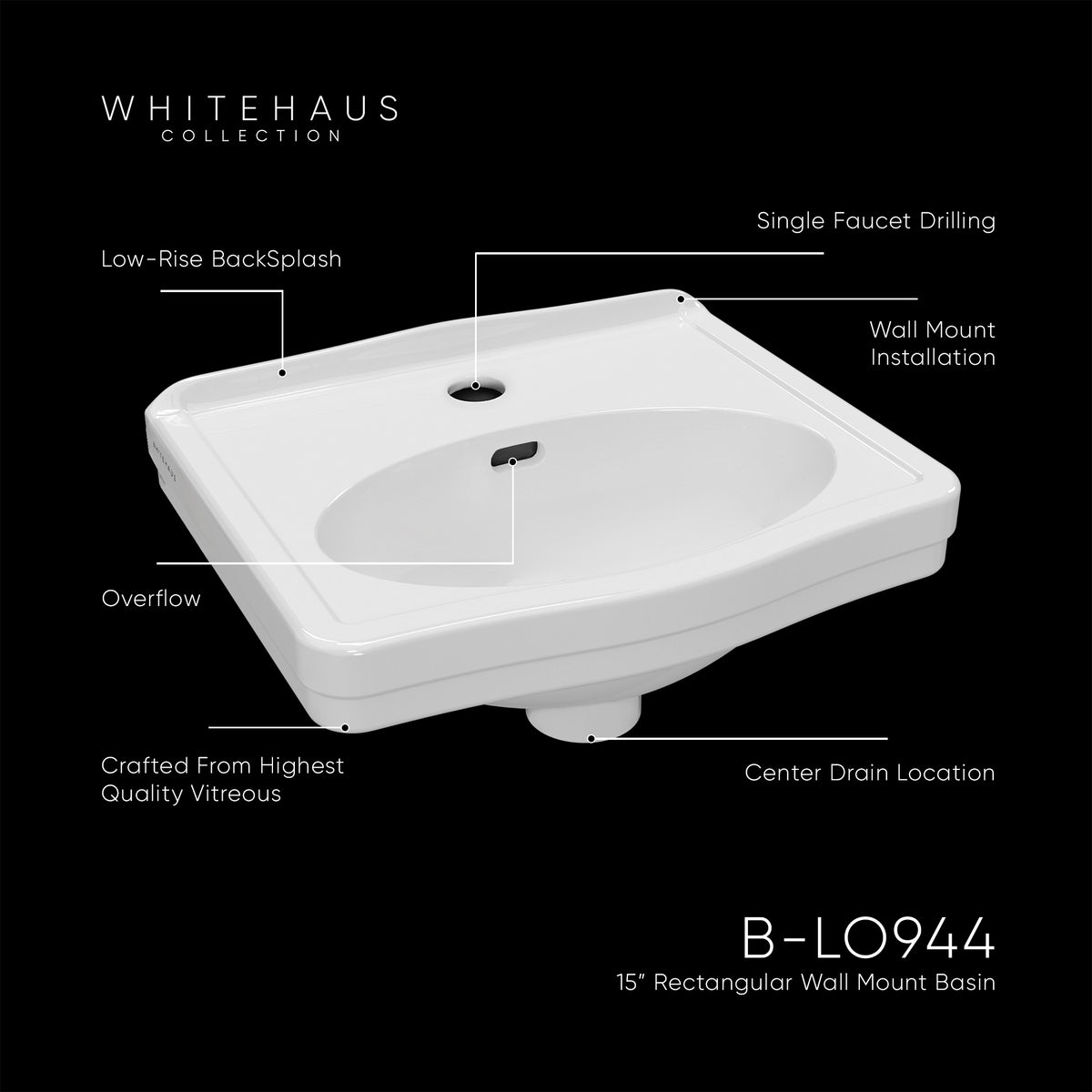 15&quot; Rectangular Wall Mount Basin with Integrated Oval Bowl, Low-Rise Backsplash, Single Faucet Drilling and Overflow