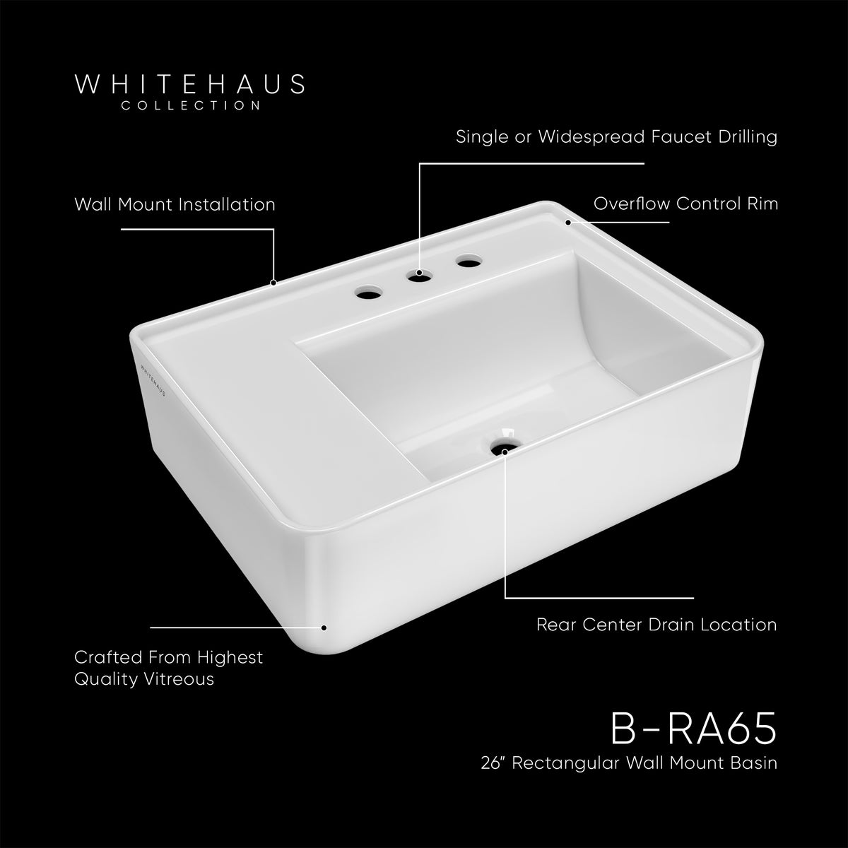 Rectangular Wall Mount Basin with Faucet Drilling Options and Rear Center Drain Location