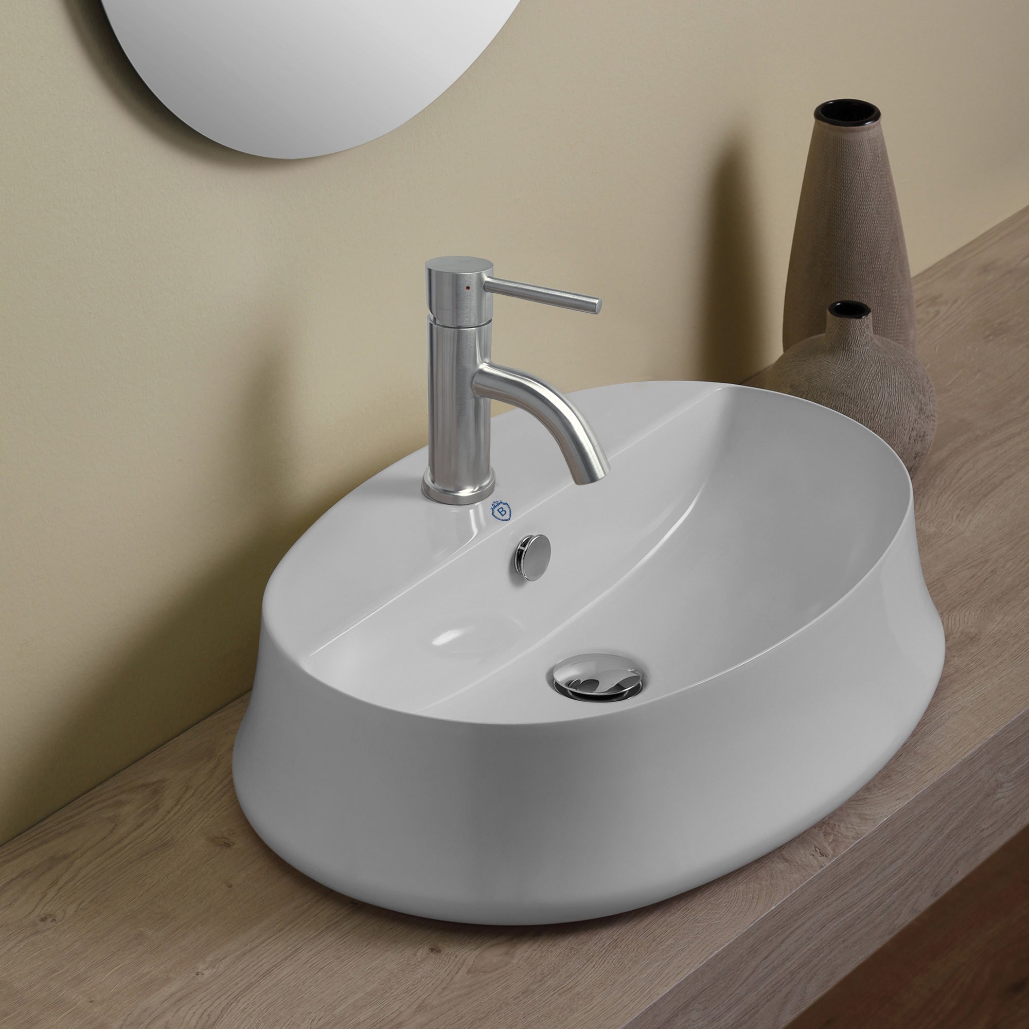 Above Mount/ Vessel Lavatory Basin With Single Faucet Drilling And Overflow