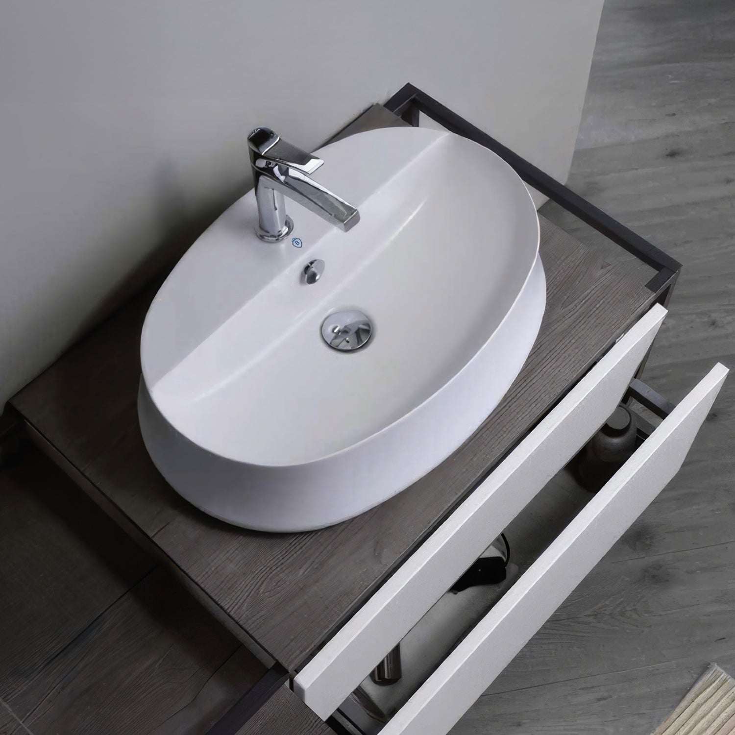 Above Mount/ Vessel Lavatory Basin With Single Faucet Drilling And Overflow