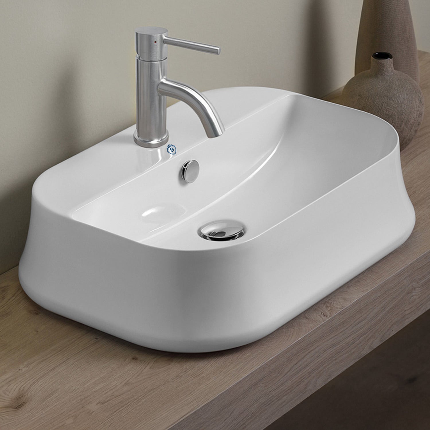 Above Mount/ Vessel Lavatory Basin With Single Faucet Drilling And Overflow