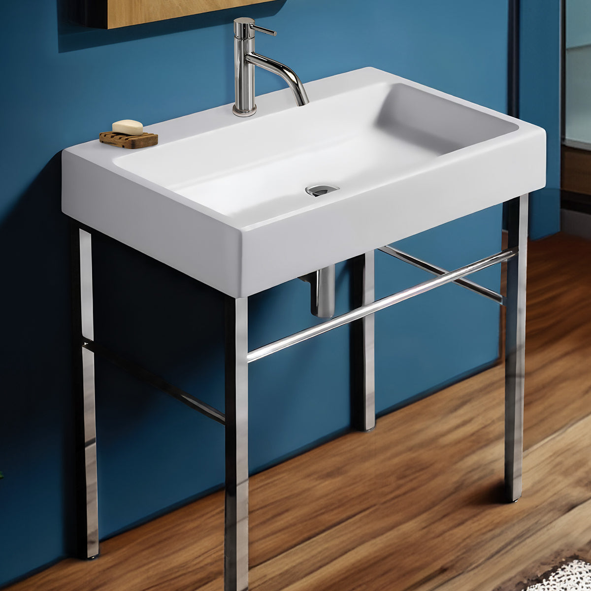Rectangular Console Sink With Front Towel Bar And Polished Chrome Leg ...