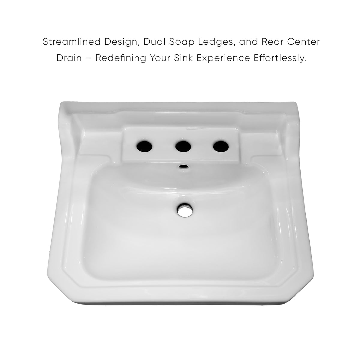 Traditional Pedestal with Large Rectangular Bowl, Backsplash, Dual Soap Ledges and Overflow