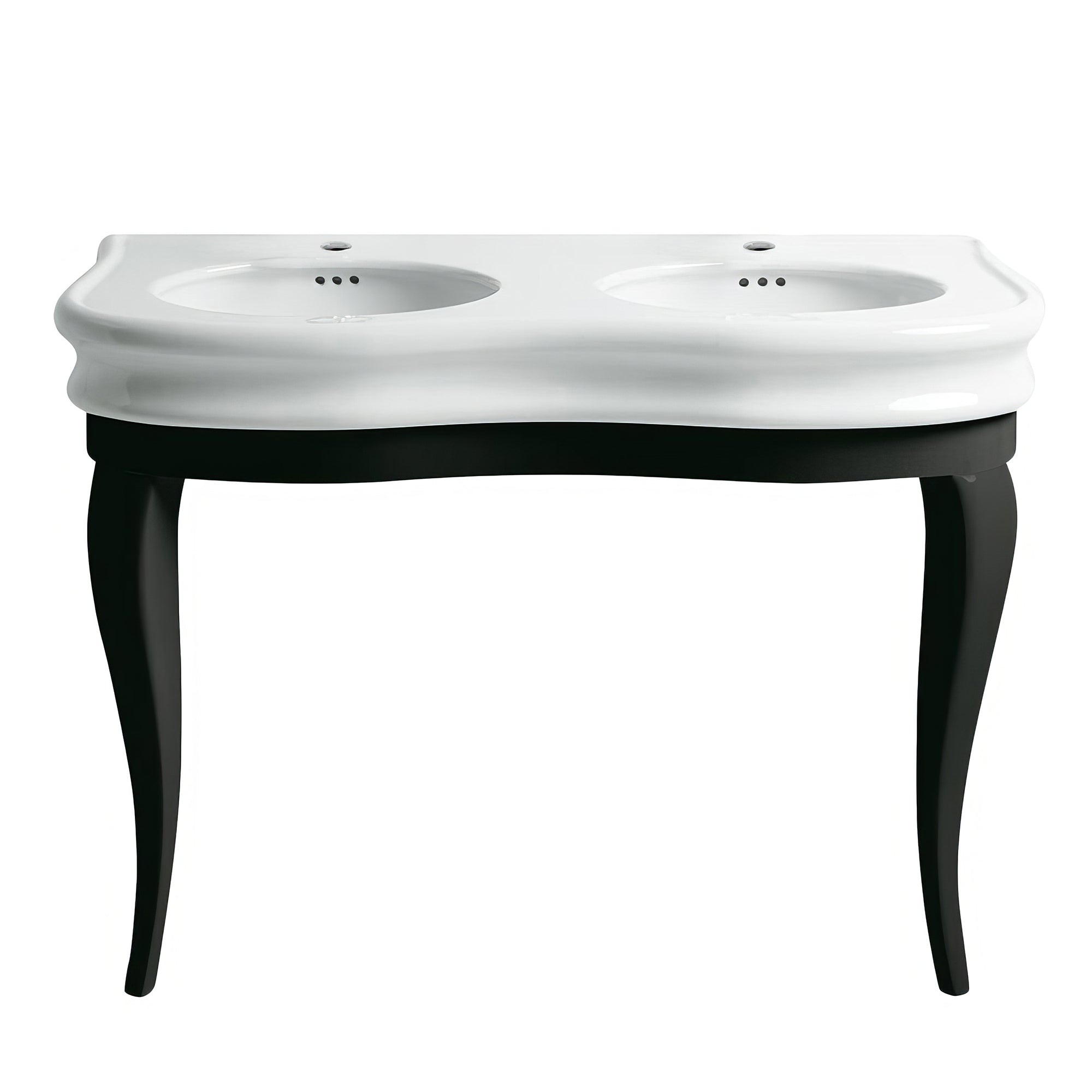 47" Large Console With Integrated Oval Bowls, Overflow And Gloss Black Wooden Leg Support