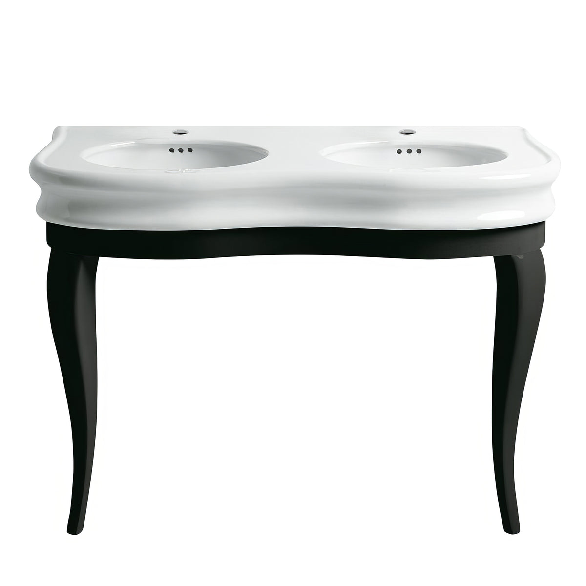 47&quot; Large Console With Integrated Oval Bowls, Overflow And Gloss Black Wooden Leg Support