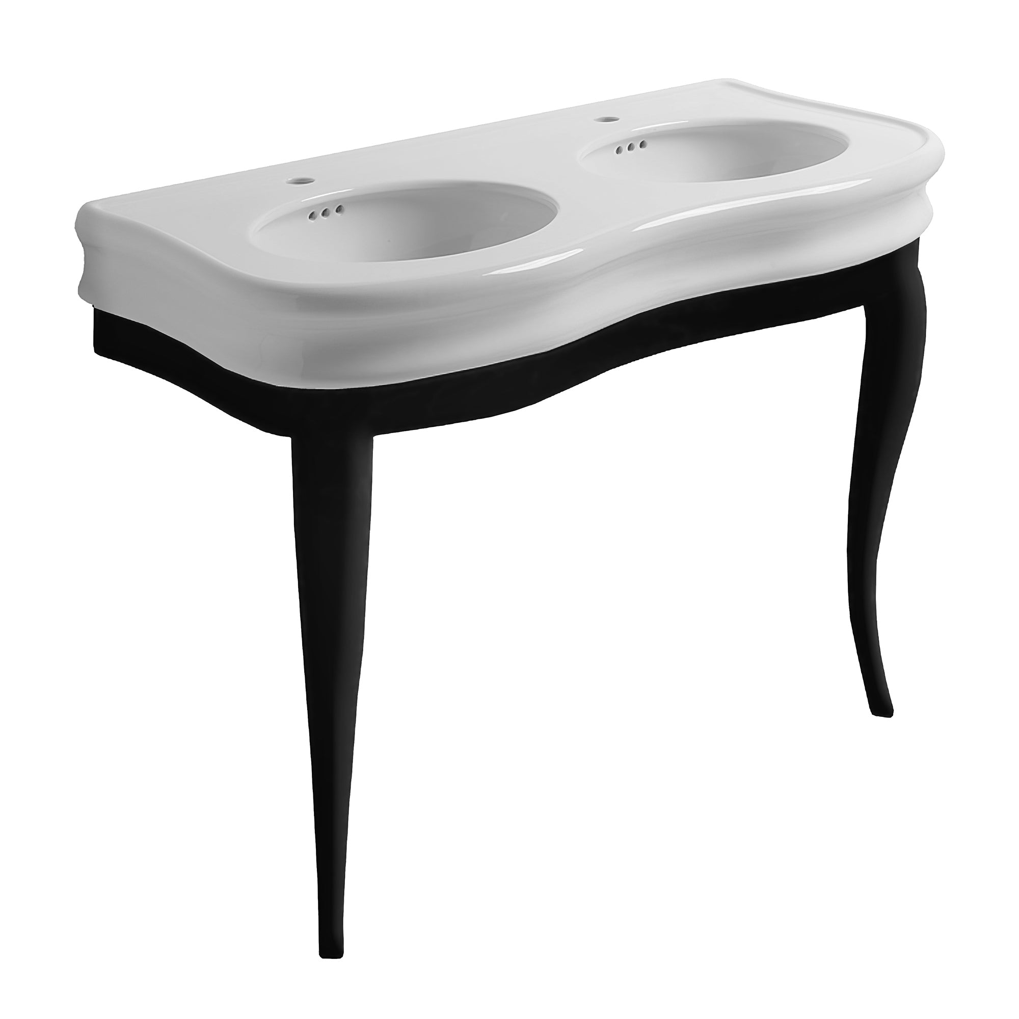 47" Large Console With Integrated Oval Bowls, Overflow And Gloss Black Wooden Leg Support