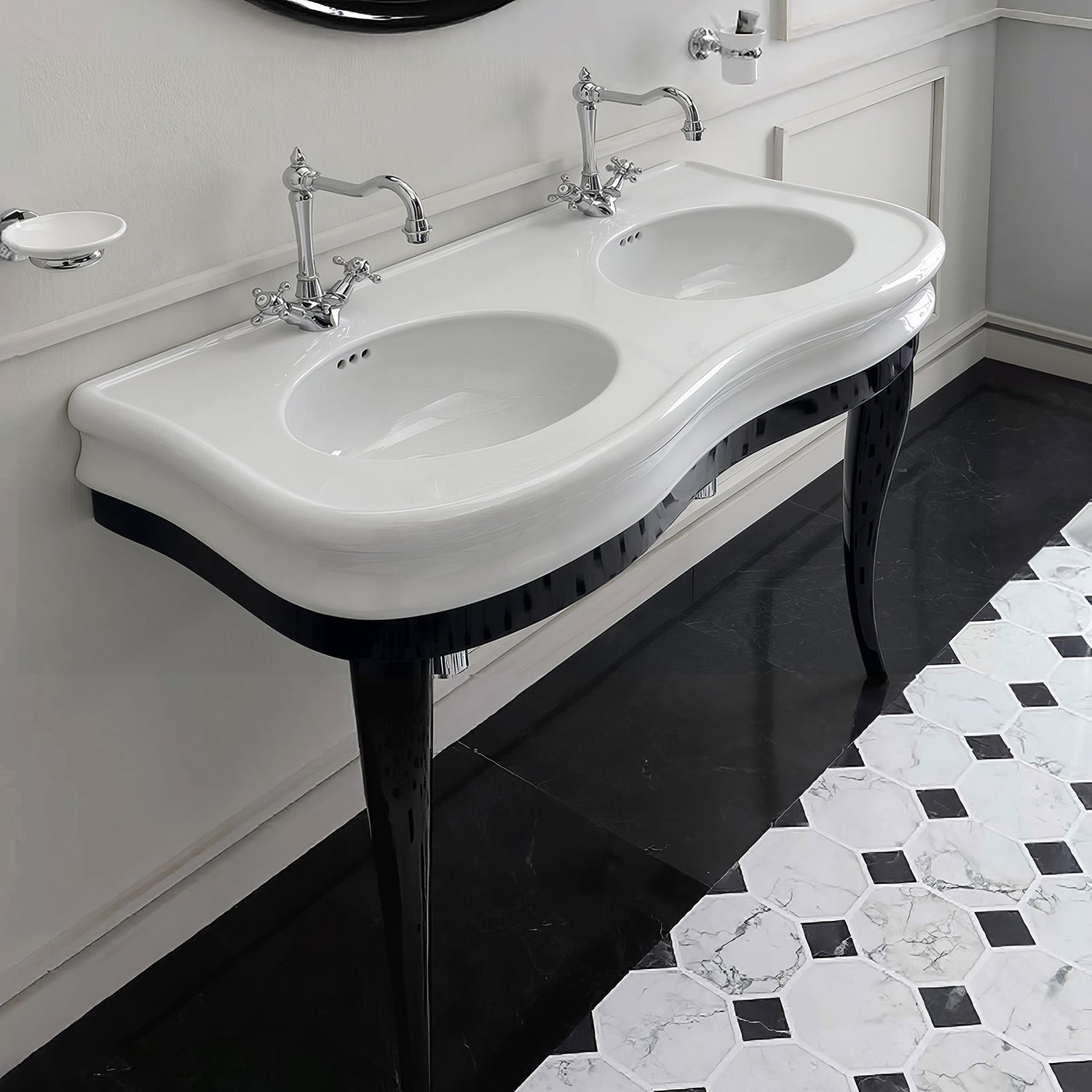 47" Large Console With Integrated Oval Bowls, Overflow And Gloss Black Wooden Leg Support