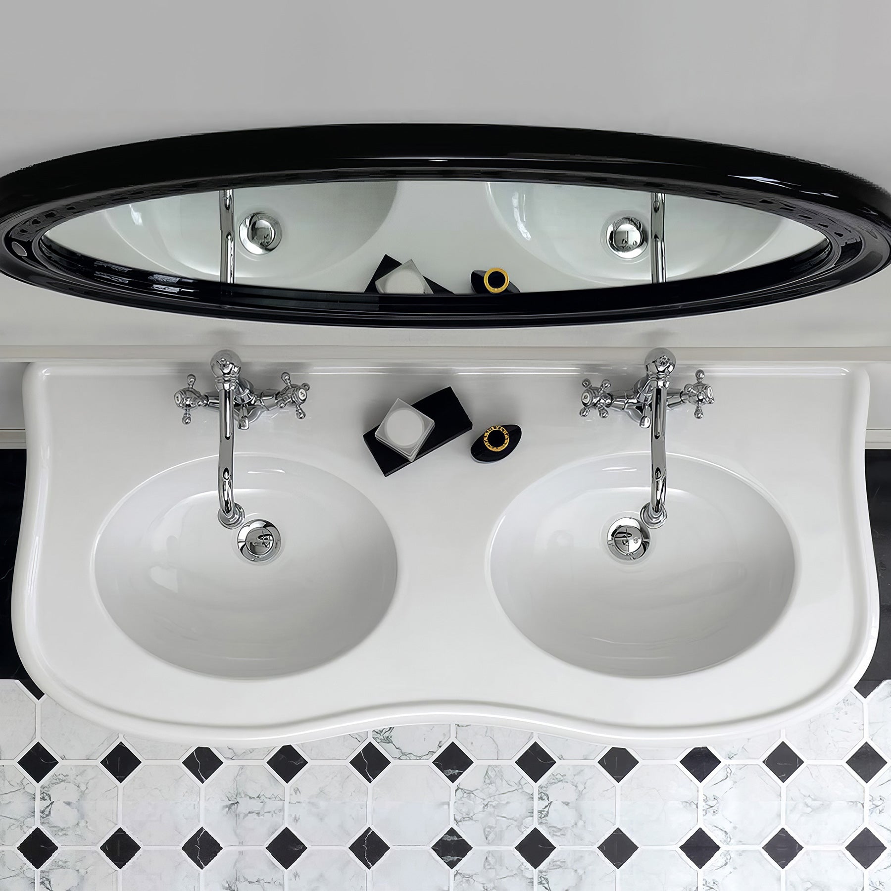 47" Large Console With Integrated Oval Bowls, Overflow And Gloss Black Wooden Leg Support