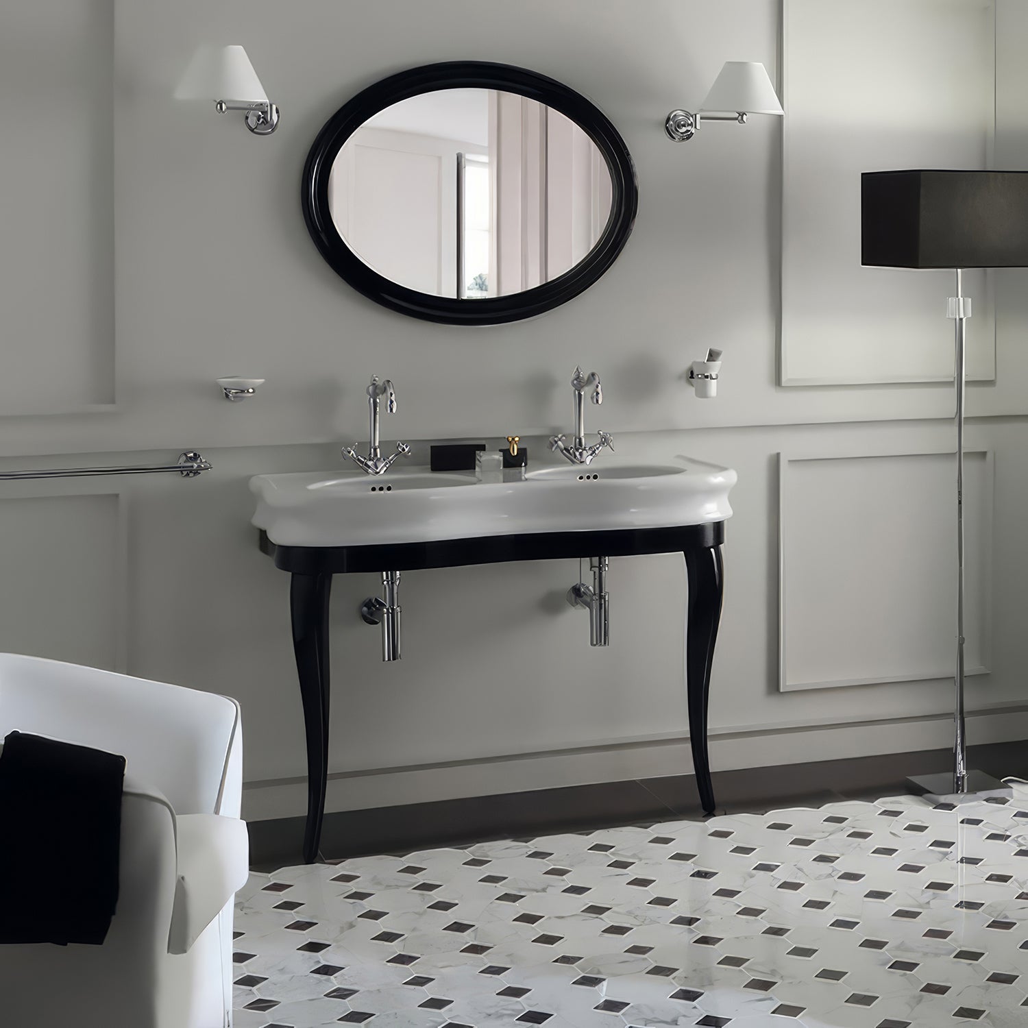 47" Large Console With Integrated Oval Bowls, Overflow And Gloss Black Wooden Leg Support