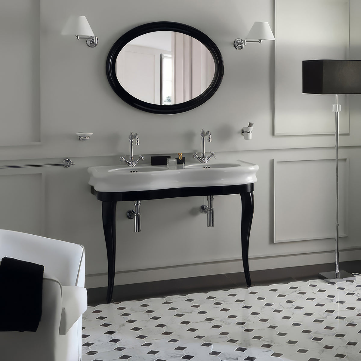 47&quot; Large Console With Integrated Oval Bowls, Overflow And Gloss Black Wooden Leg Support