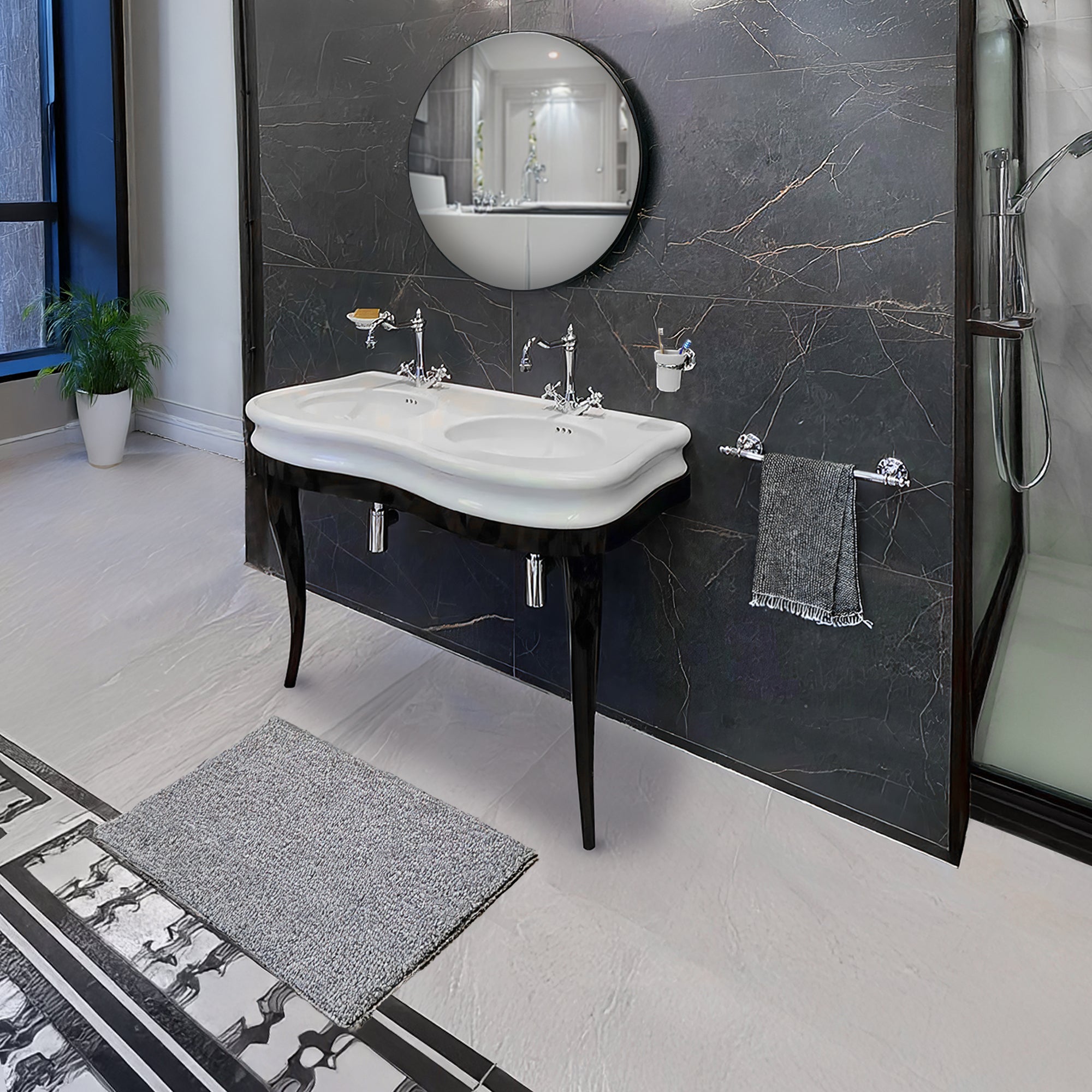 47" Large Console With Integrated Oval Bowls, Overflow And Gloss Black Wooden Leg Support