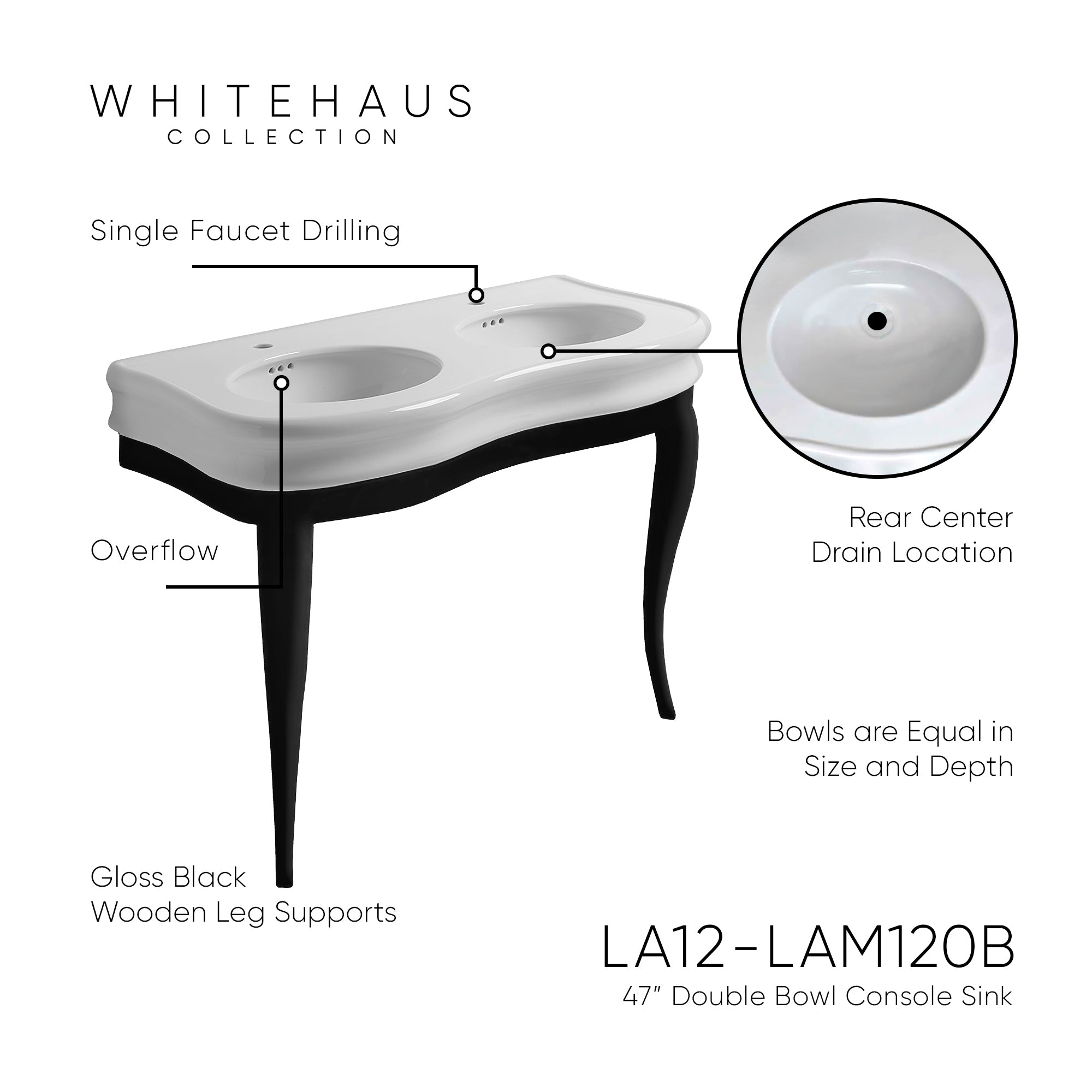 47" Large Console With Integrated Oval Bowls, Overflow And Gloss Black Wooden Leg Support