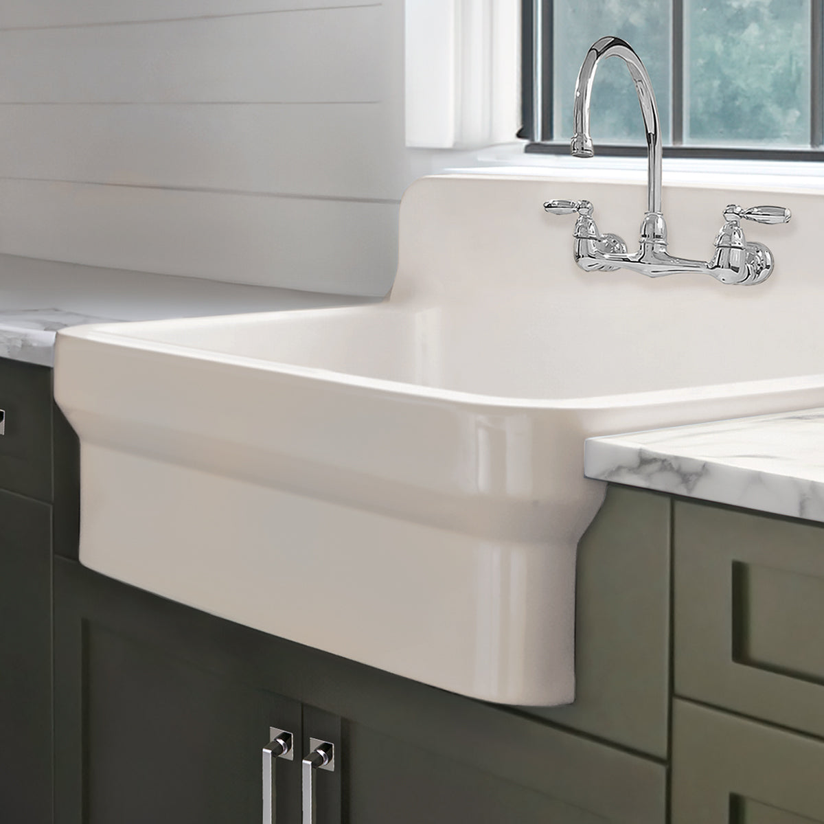30&quot; single bowl fireclay kitchen/utility front apron sink with high backsplash and faucet drilling