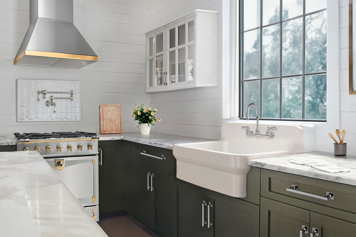 30&quot; single bowl fireclay kitchen/utility front apron sink with high backsplash and faucet drilling