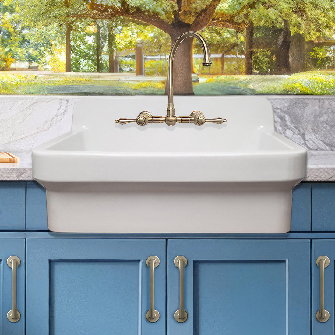 30" single bowl fireclay kitchen/utility front apron sink with high backsplash and faucet drilling