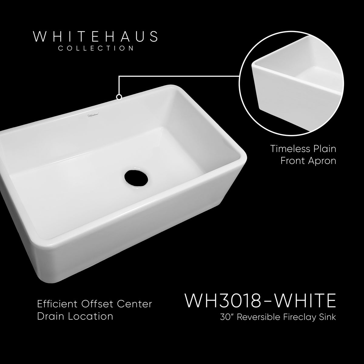 30&quot; Reversible single bowl fireclay kitchen sink with plain front apron