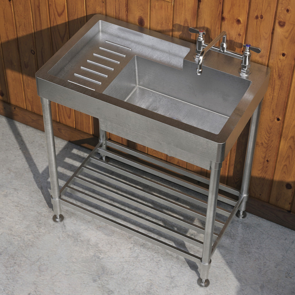 33" Pearlhaus Stainless steel single bowl, freestanding sink with drainboard & lower rack