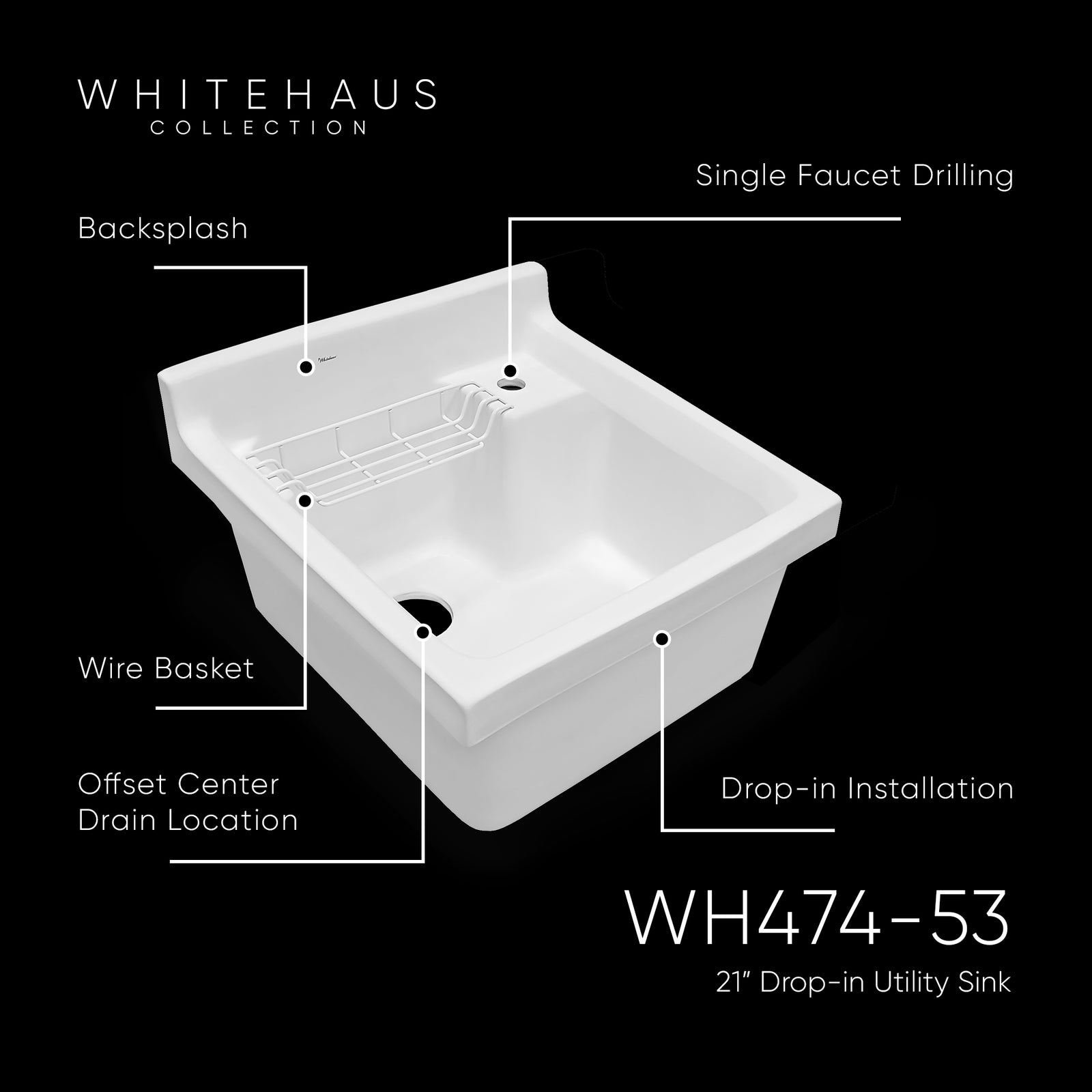 21" Vitreous Single Bowl, Drop-in Sink with Wire Basket and Off Center Drain Location