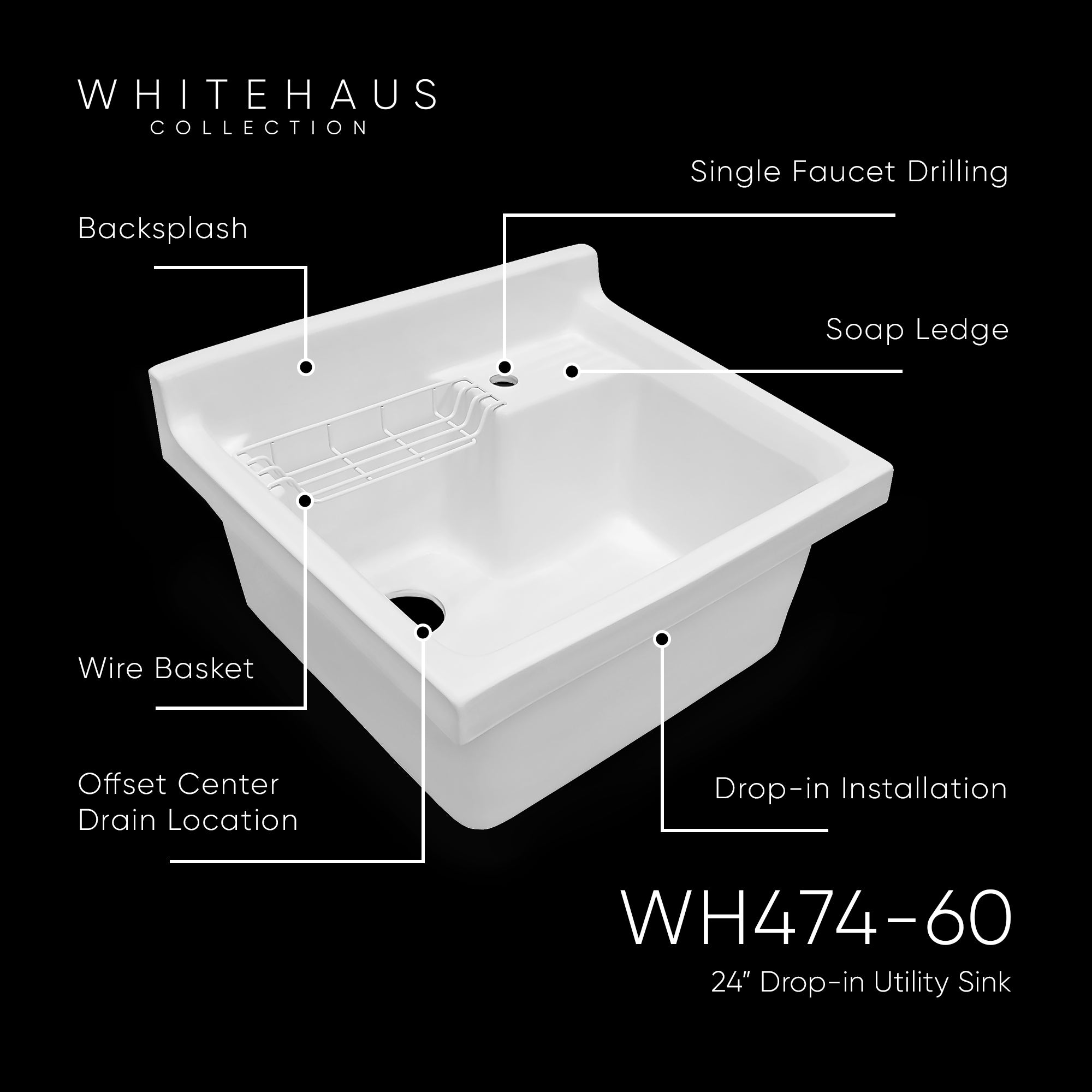 24" Vitreous Single Bowl, Drop-in Sink with Wire Basket and Off Center Drain Location