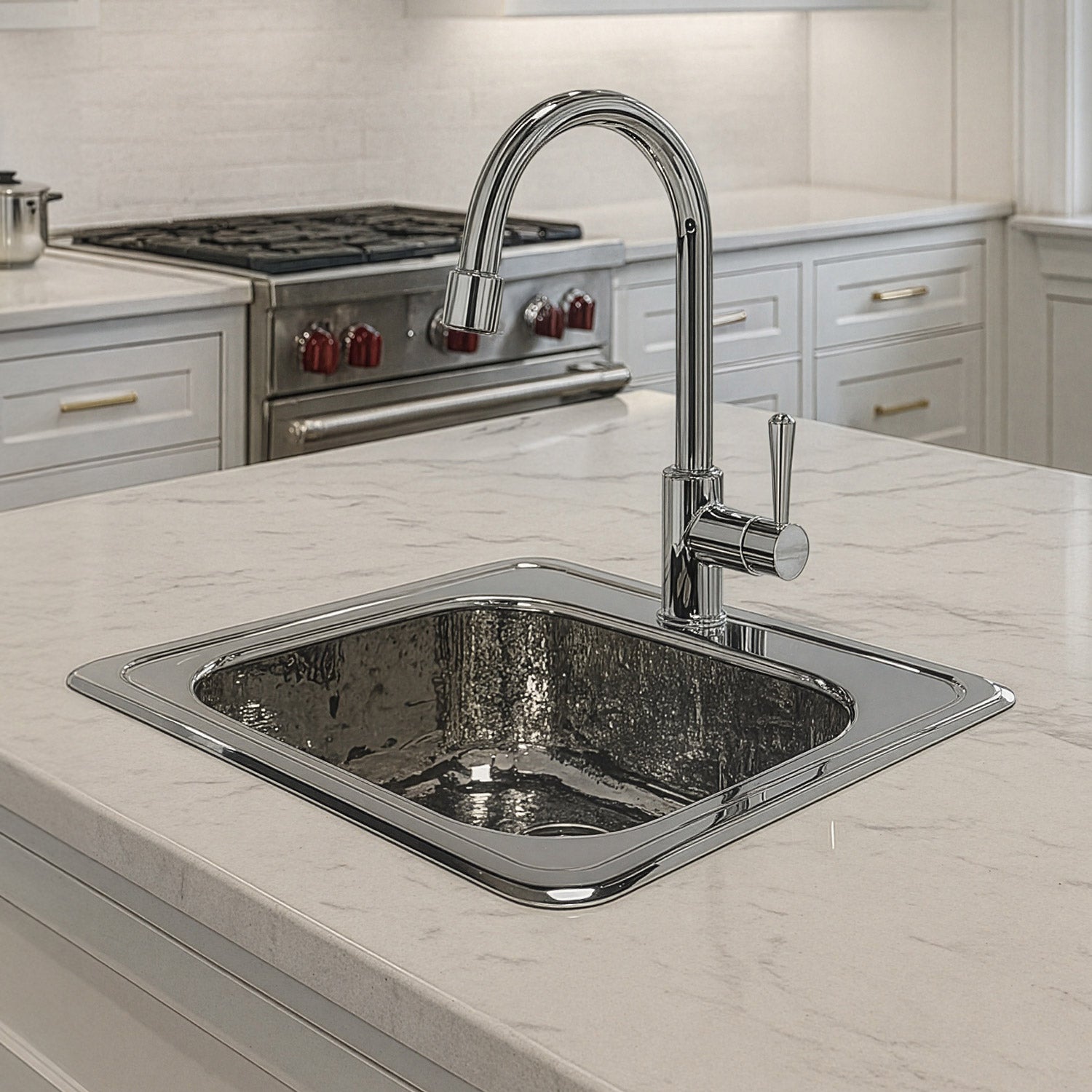 15" Square Stainless Steel Drop-In Entertainment/ Prep Sink With A Hammered Texture Bowl And Mirror Finish Ledge