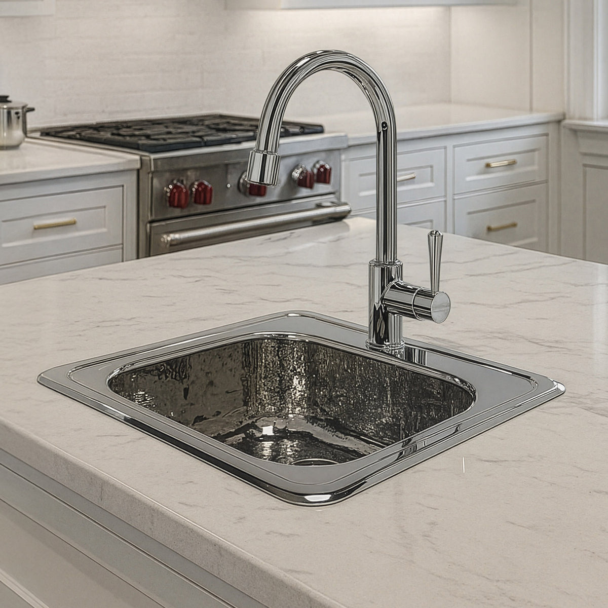 15" Square Stainless Steel Drop-In Entertainment/ Prep Sink With A Hammered Texture Bowl And Mirror Finish Ledge