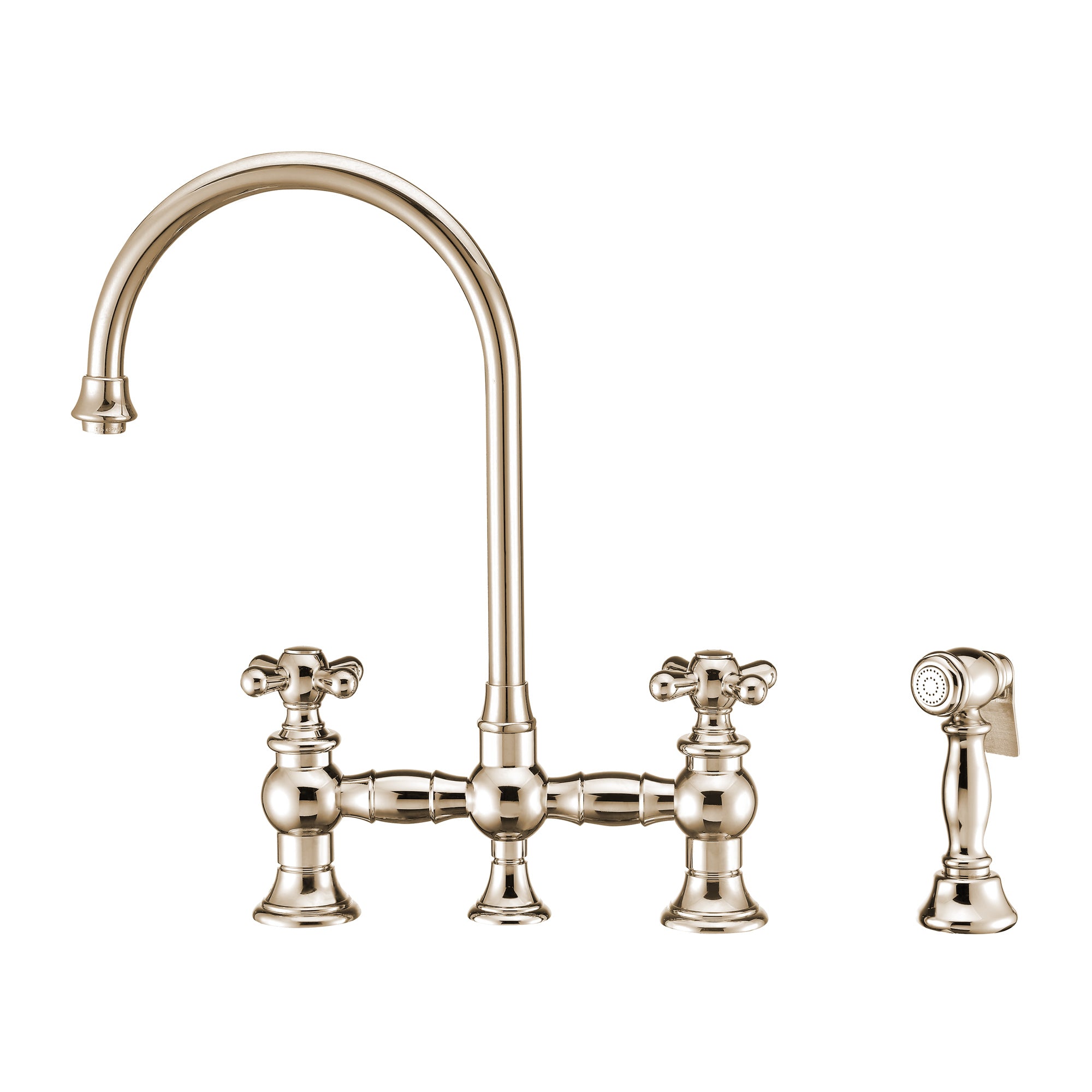 Bridge Faucet with Long Gooseneck Swivel Spout, Cross Handles and Solid Brass Side Spray