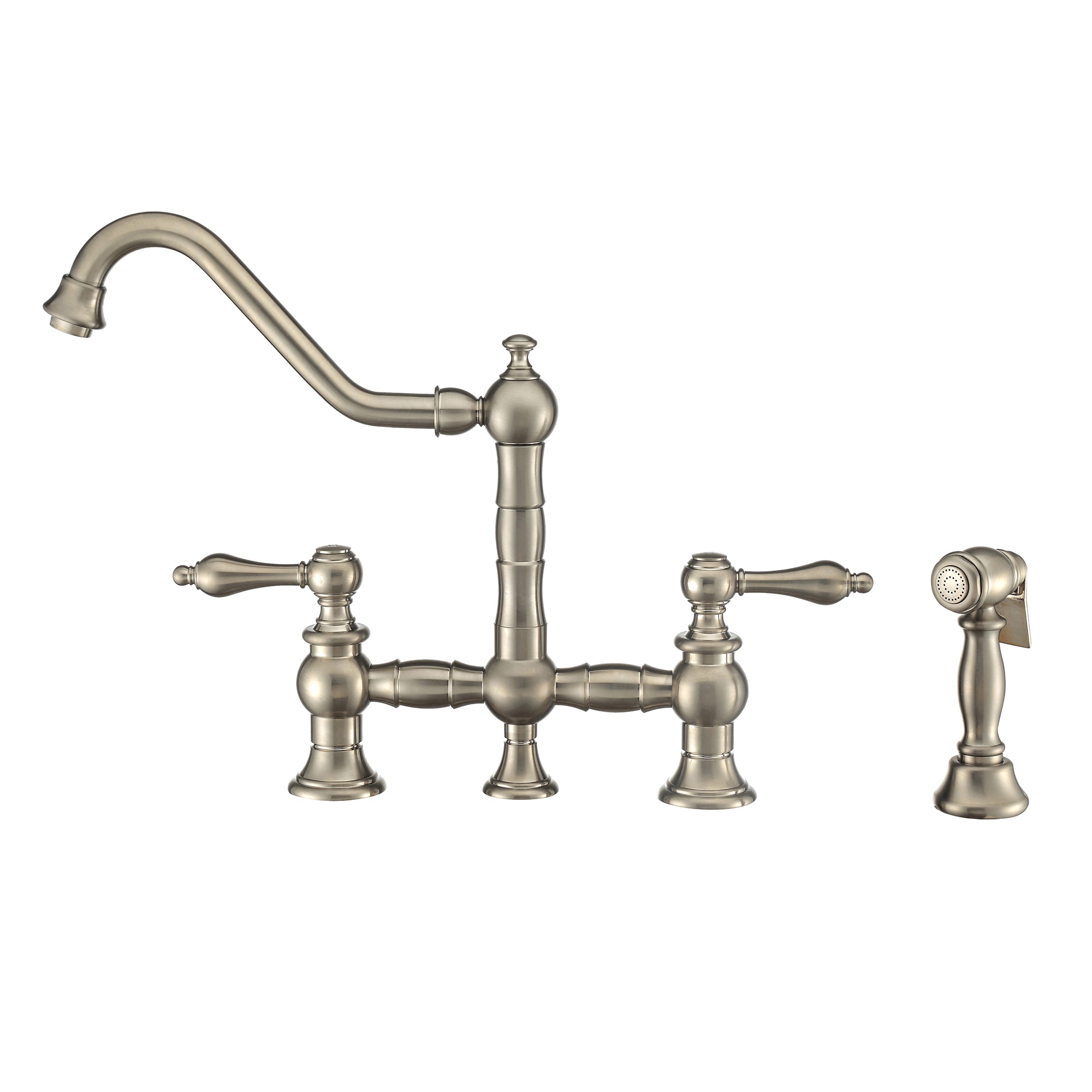Bridge Faucet with Long Traditional Swivel Spout, Lever Handles and Solid Brass Side Spray