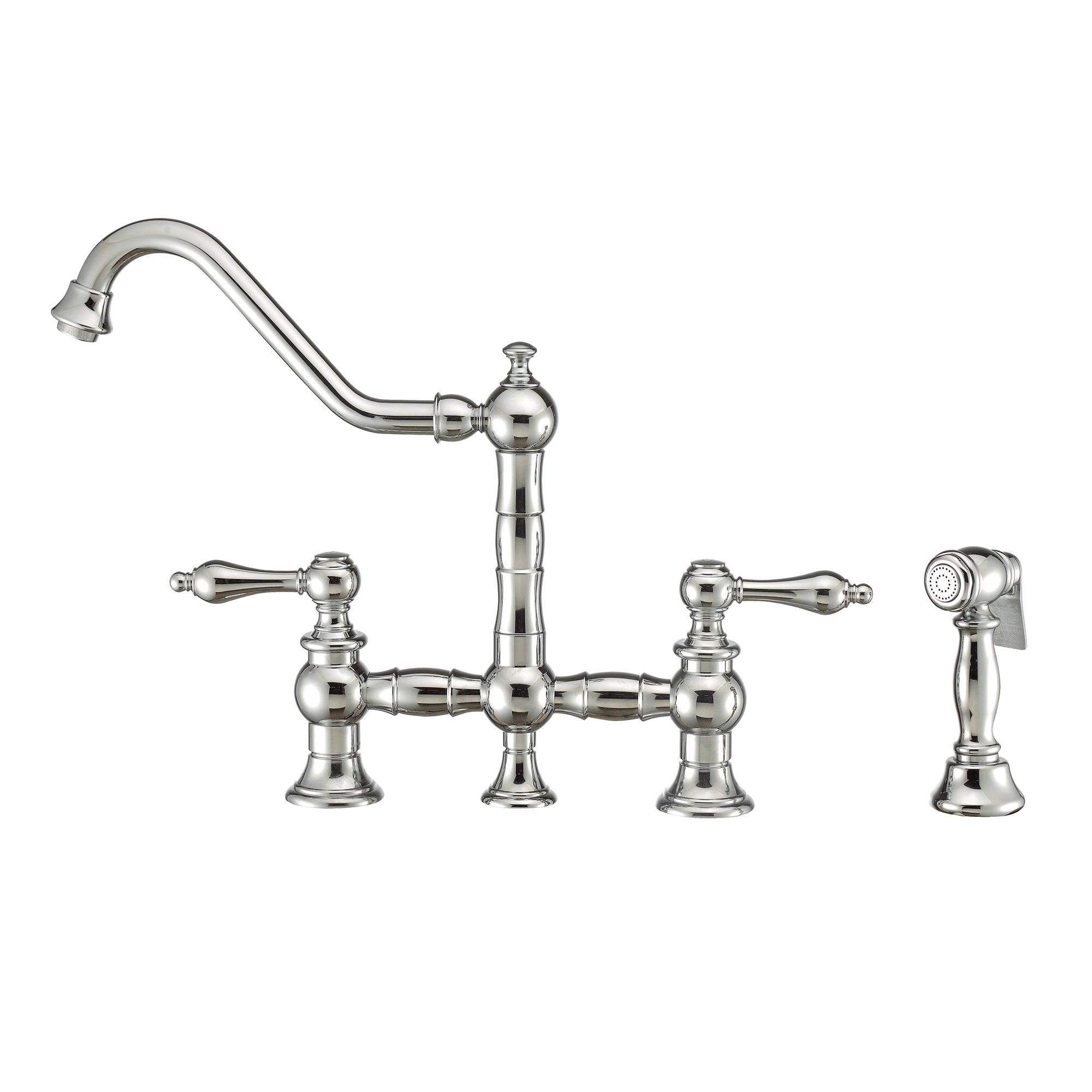 Bridge Faucet with Long Traditional Swivel Spout, Lever Handles and Solid Brass Side Spray